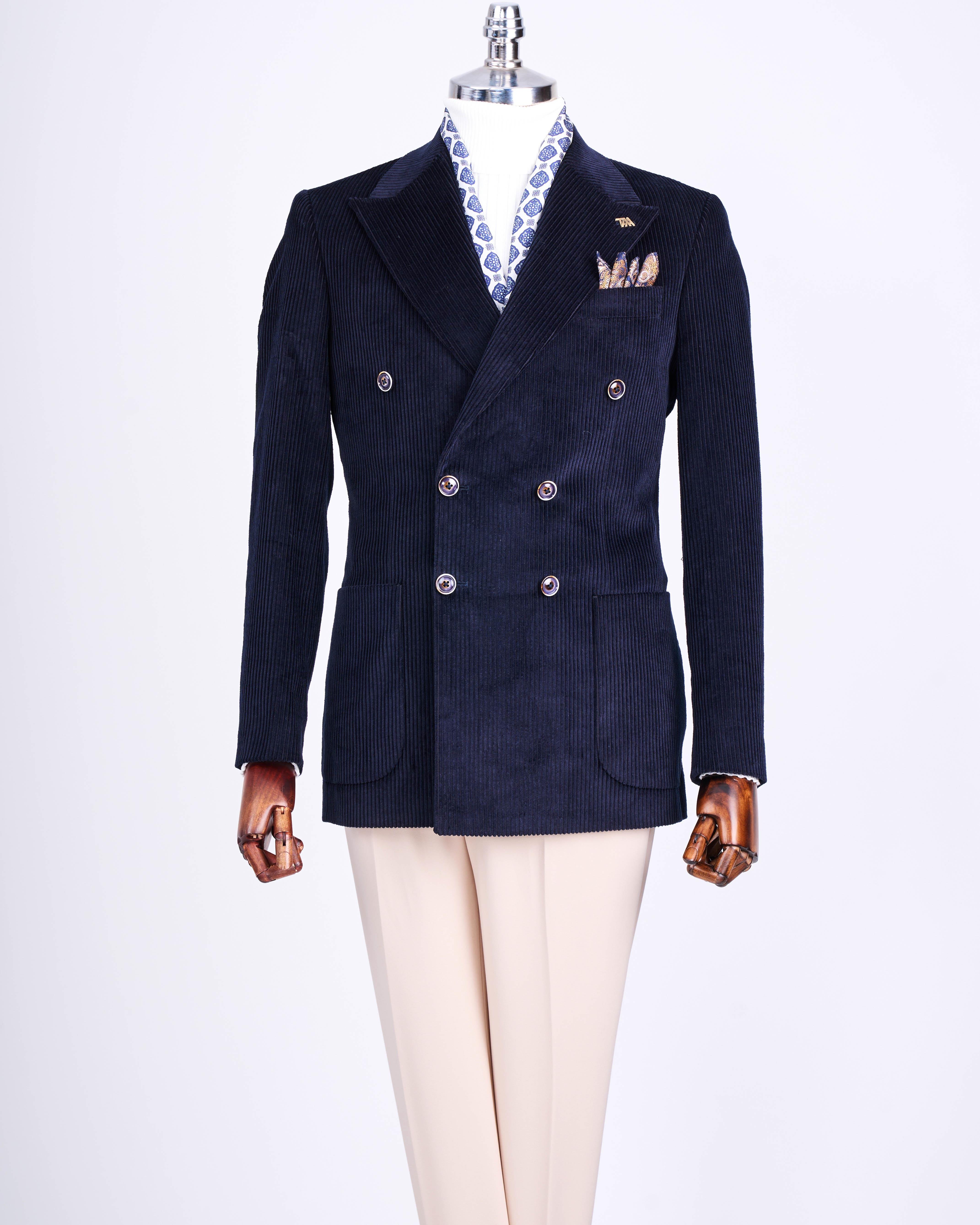 İtalyan stil slim fit kadife kruvaze tek ceket lacivert T13452