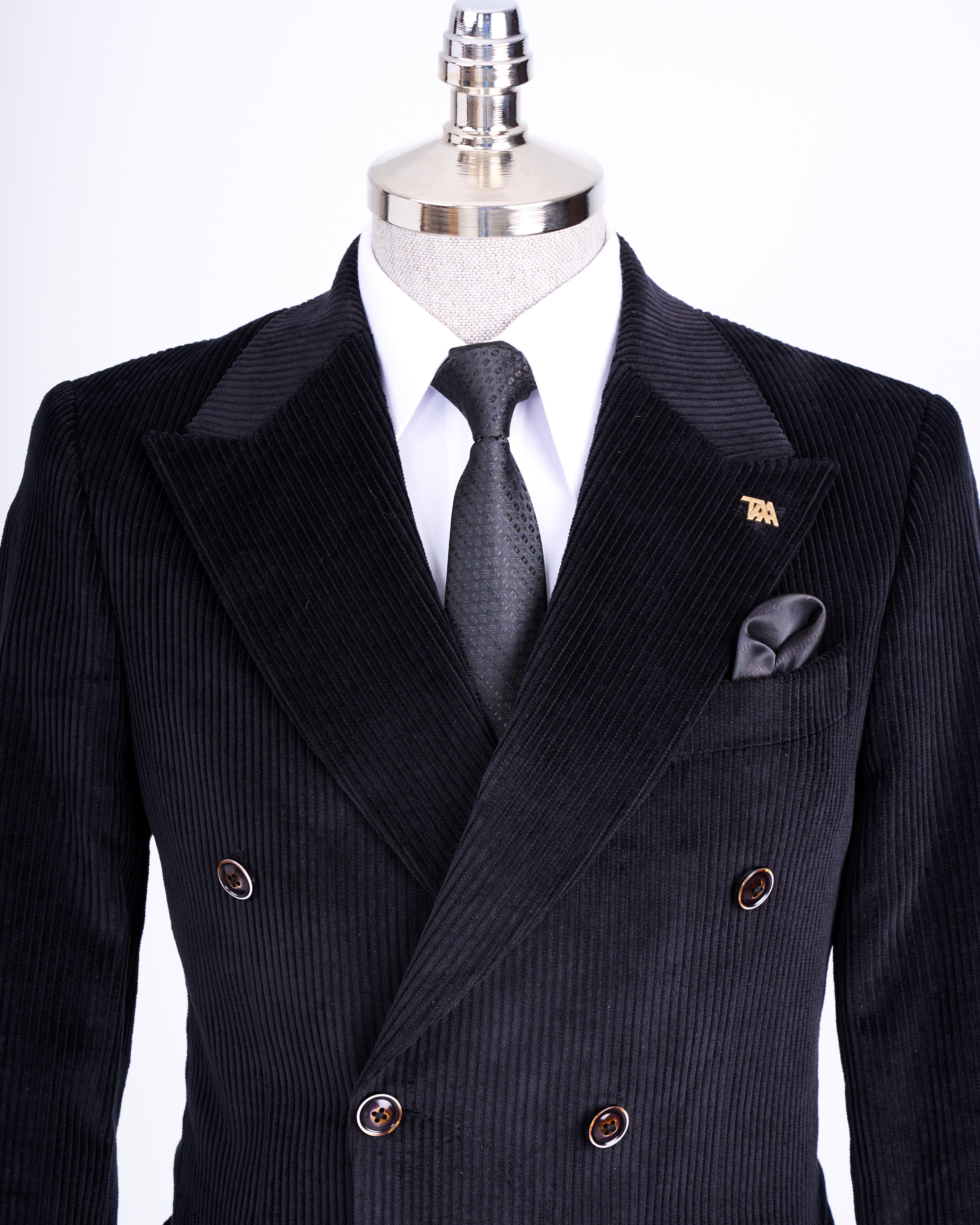 İtalyan stil slim fit kadife kruvaze tek ceket siyah T13451