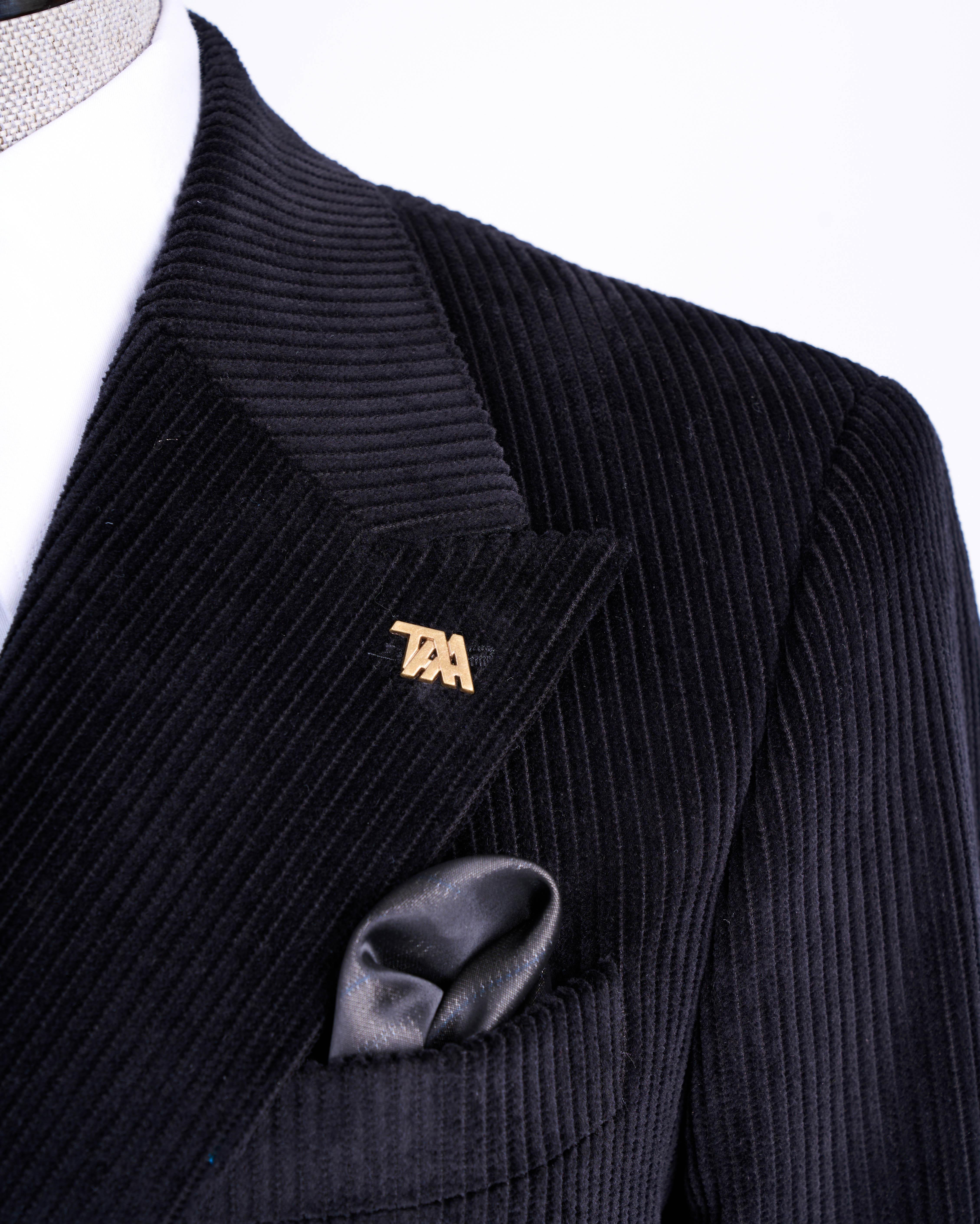 İtalyan stil slim fit kadife kruvaze tek ceket siyah T13451