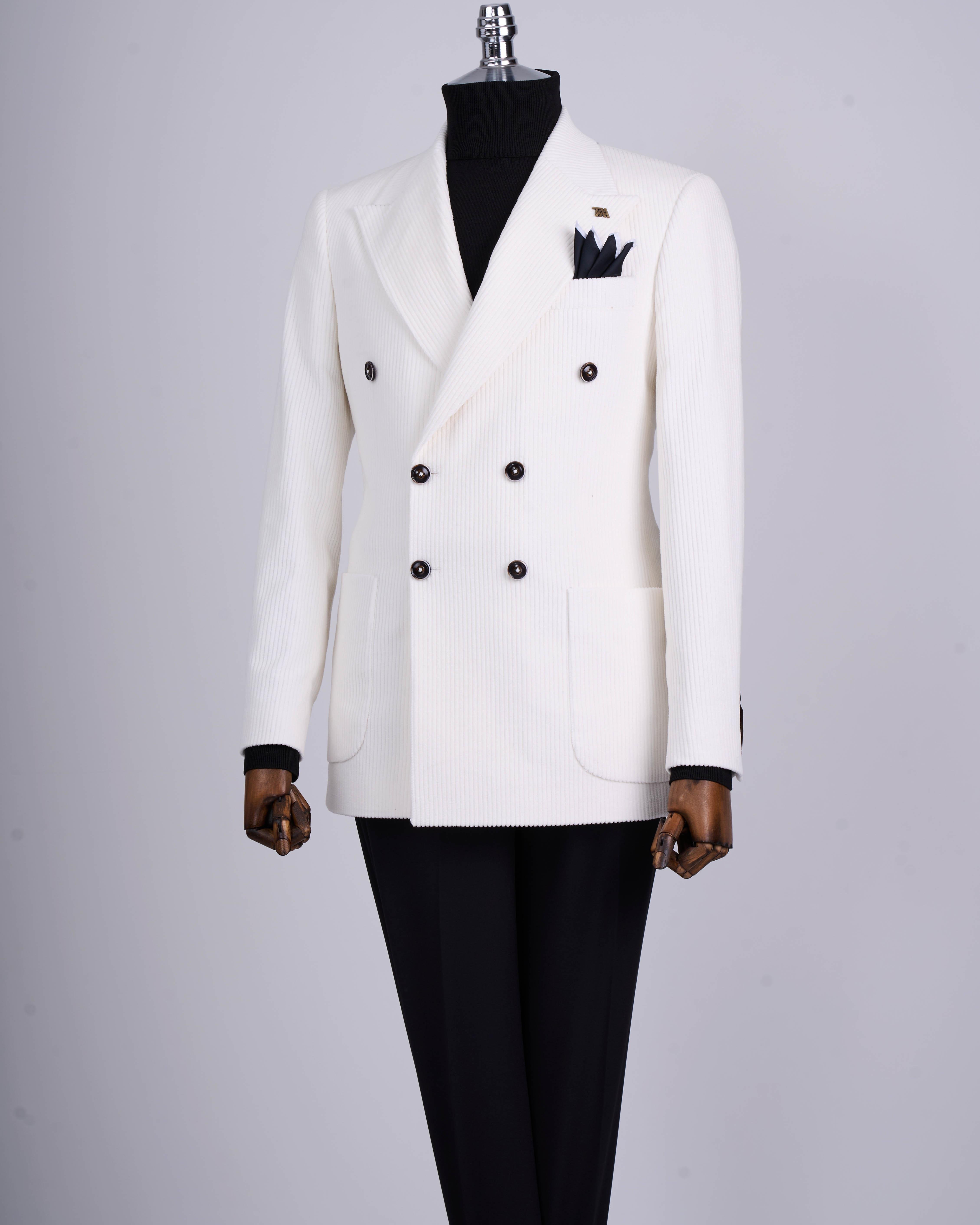 İtalyan stil slim fit kadife kruvaze tek ceket Ekru T13454