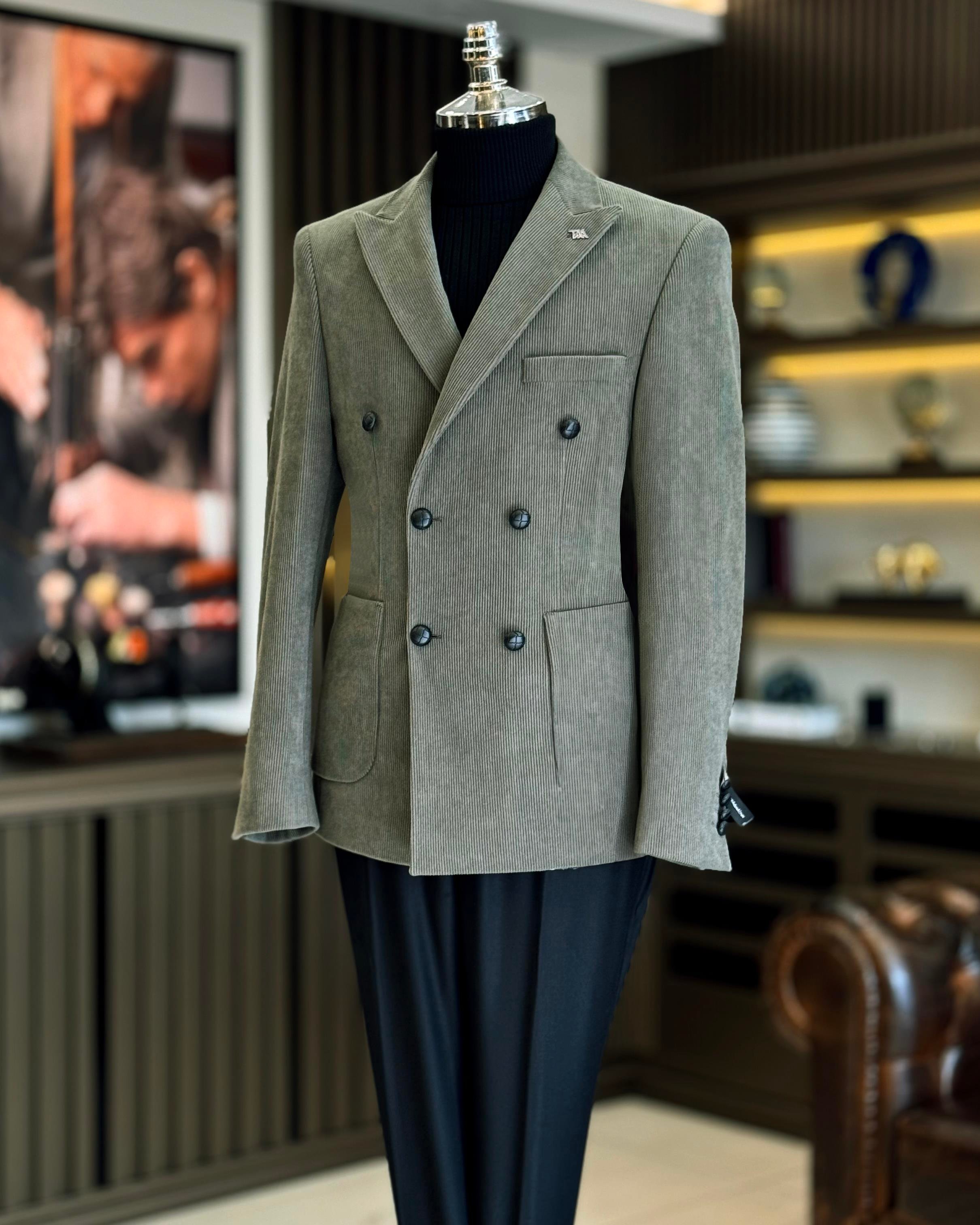 İtalyan stil slim fit kadife kruvaze tek ceket haki T13041