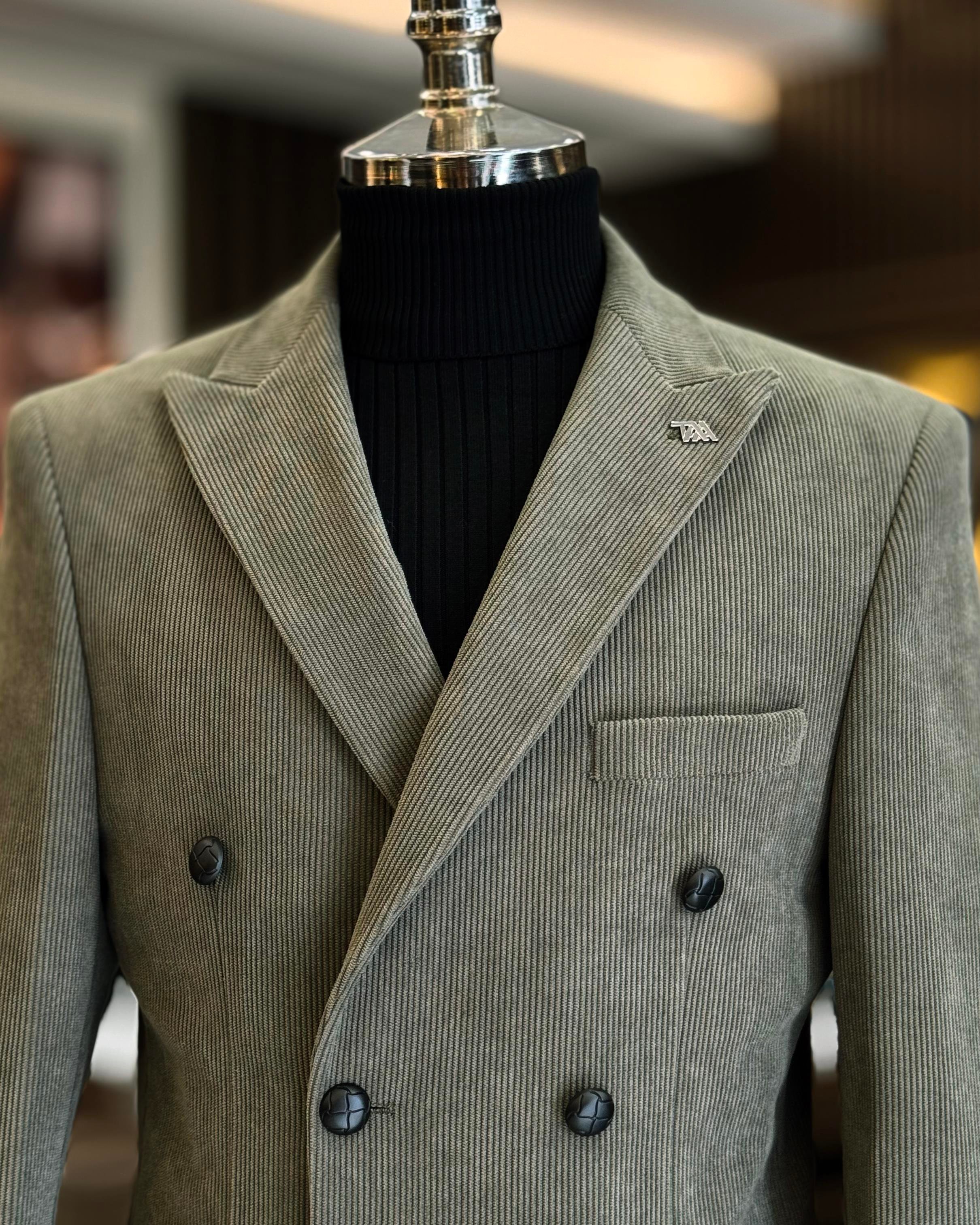 İtalyan stil slim fit kadife kruvaze tek ceket haki T13041