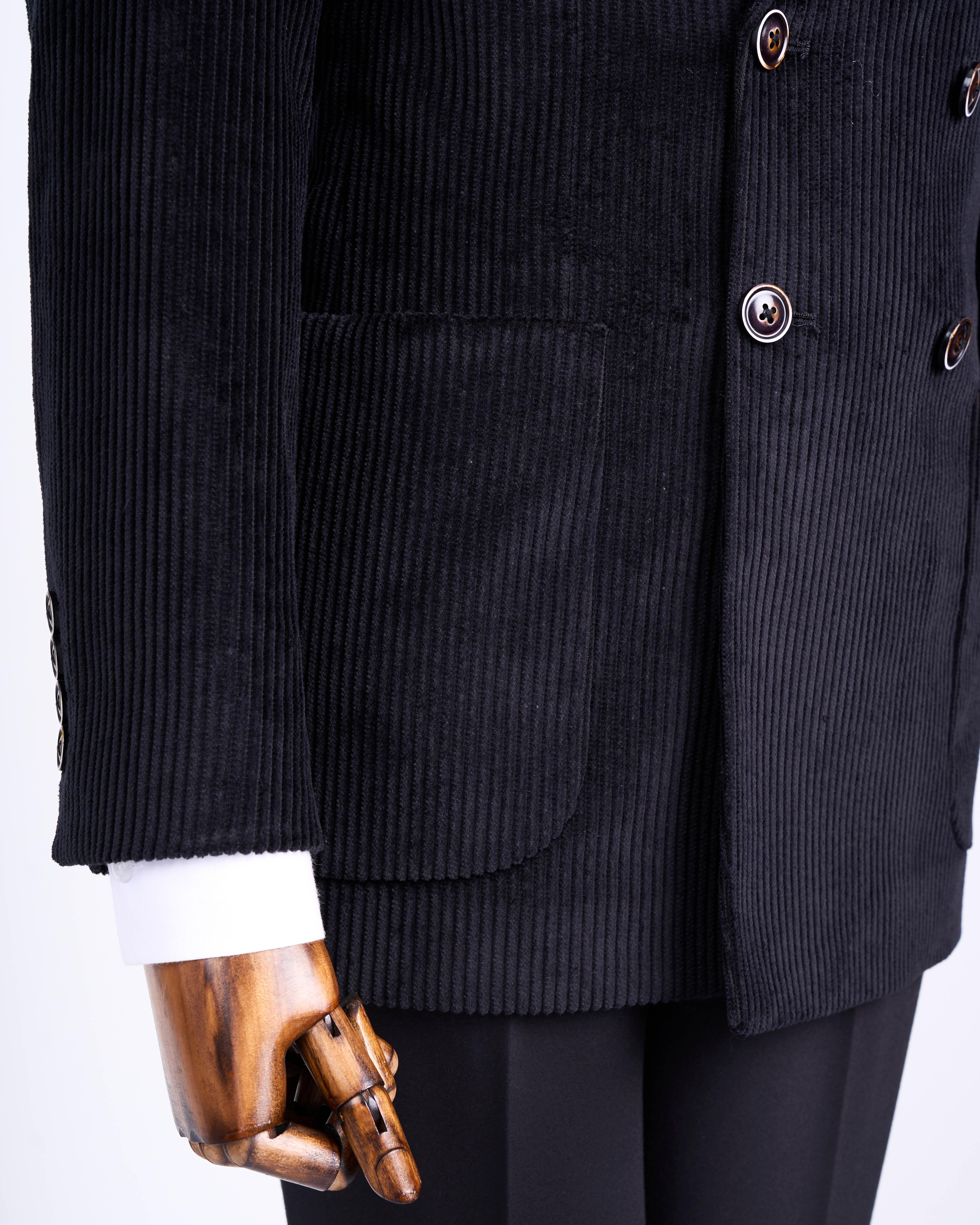 İtalyan stil slim fit kadife kruvaze tek ceket siyah T13451