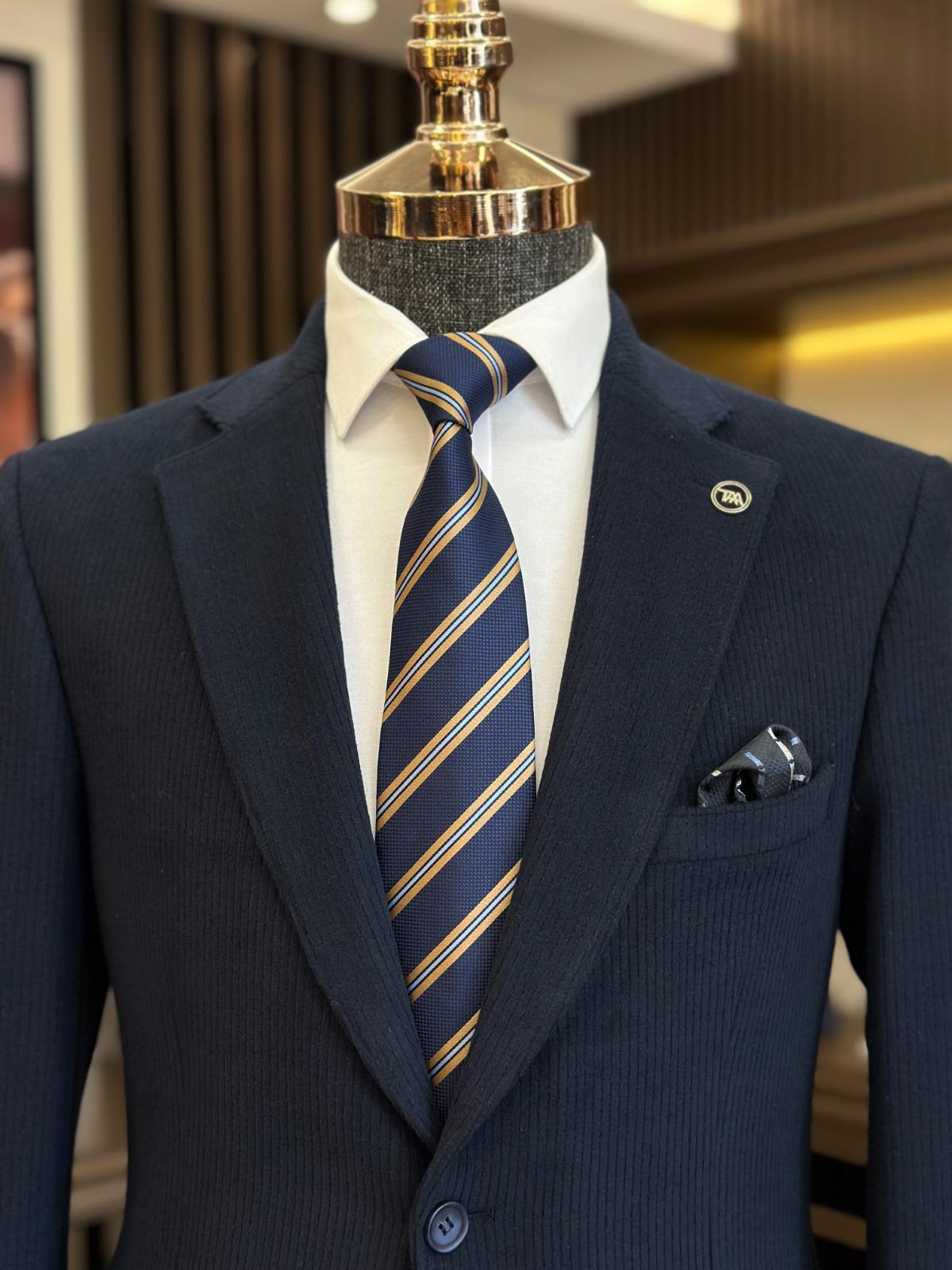 İtalyan stil slim fit kadife mono yaka erkek ceket lacivert T9870
