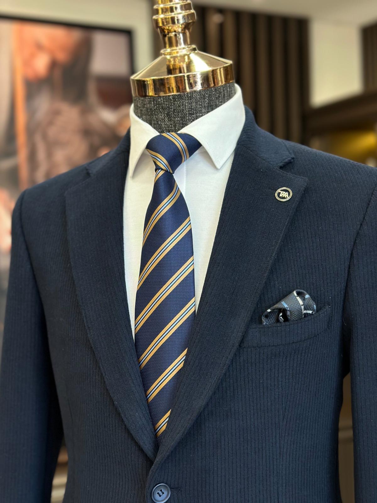 İtalyan stil slim fit kadife mono yaka erkek ceket lacivert T9870