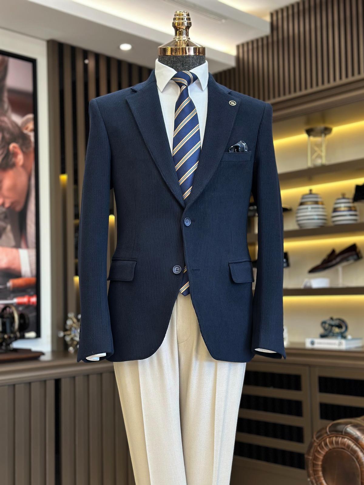 İtalyan stil slim fit kadife mono yaka erkek ceket lacivert T9870