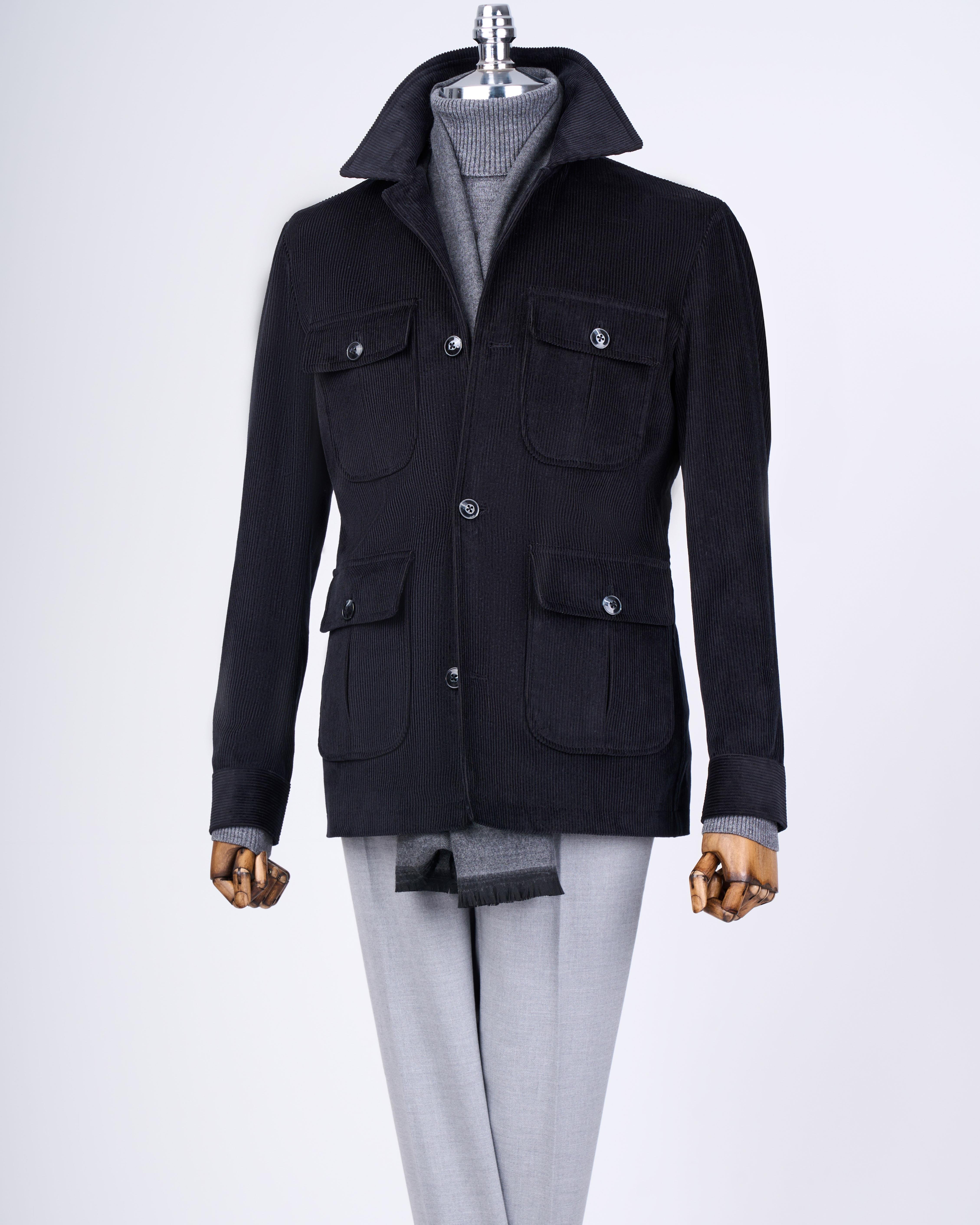İtalyan stil slim fit kadife spor erkek ceket siyah T13343
