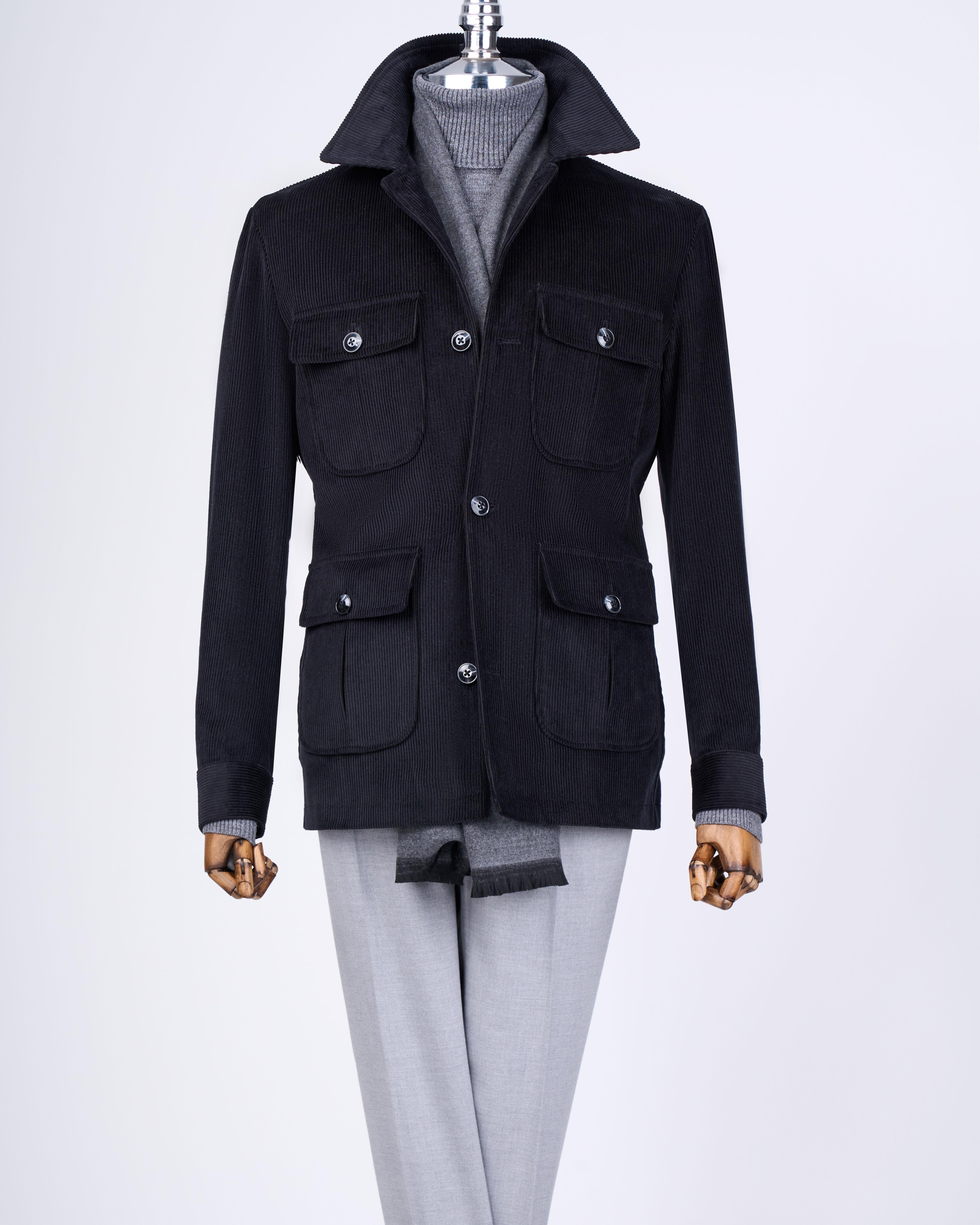 İtalyan stil slim fit kadife spor erkek ceket siyah T13343