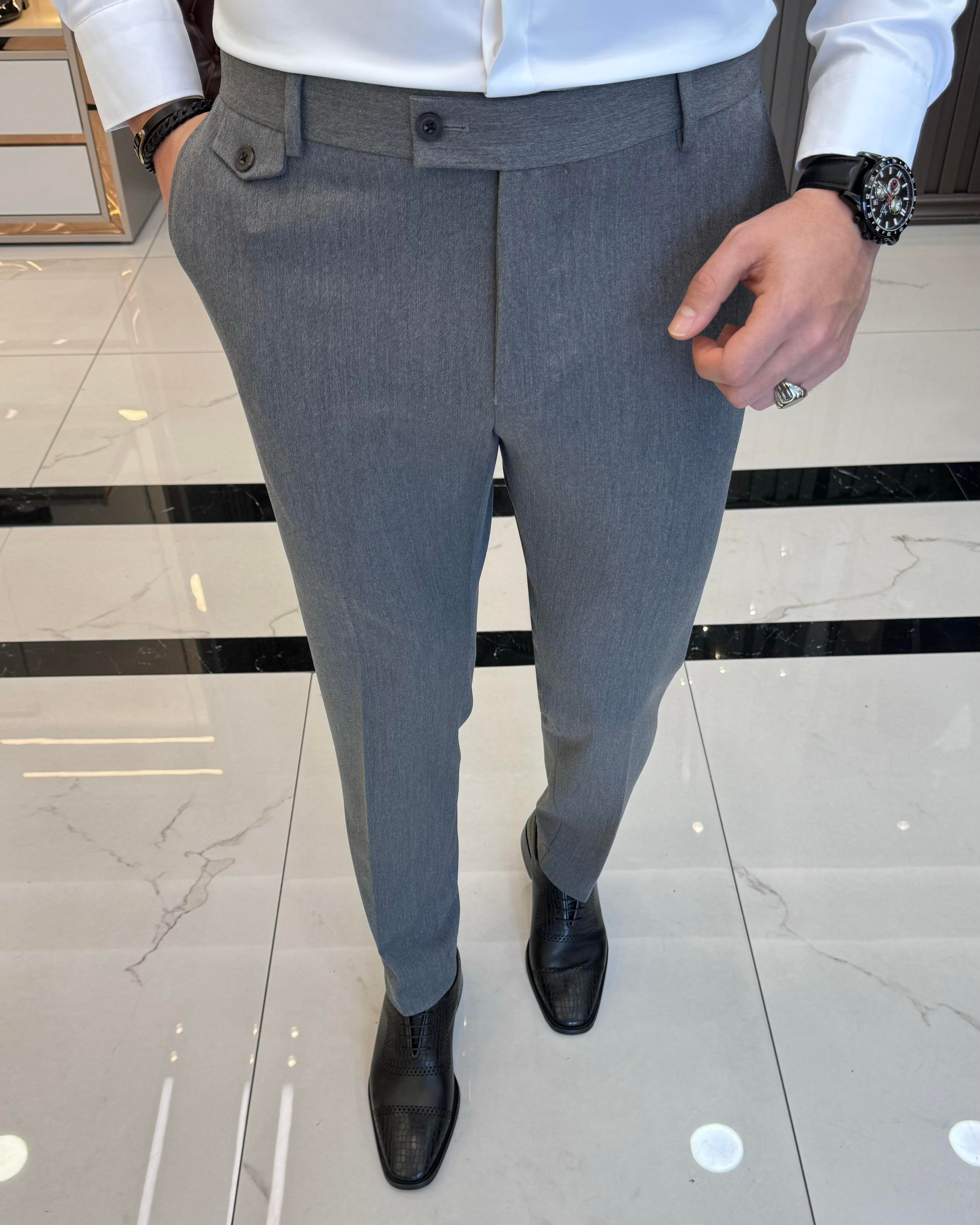 İtalyan stil slim fit kalın kumaş erkek pantolon gri T9900
