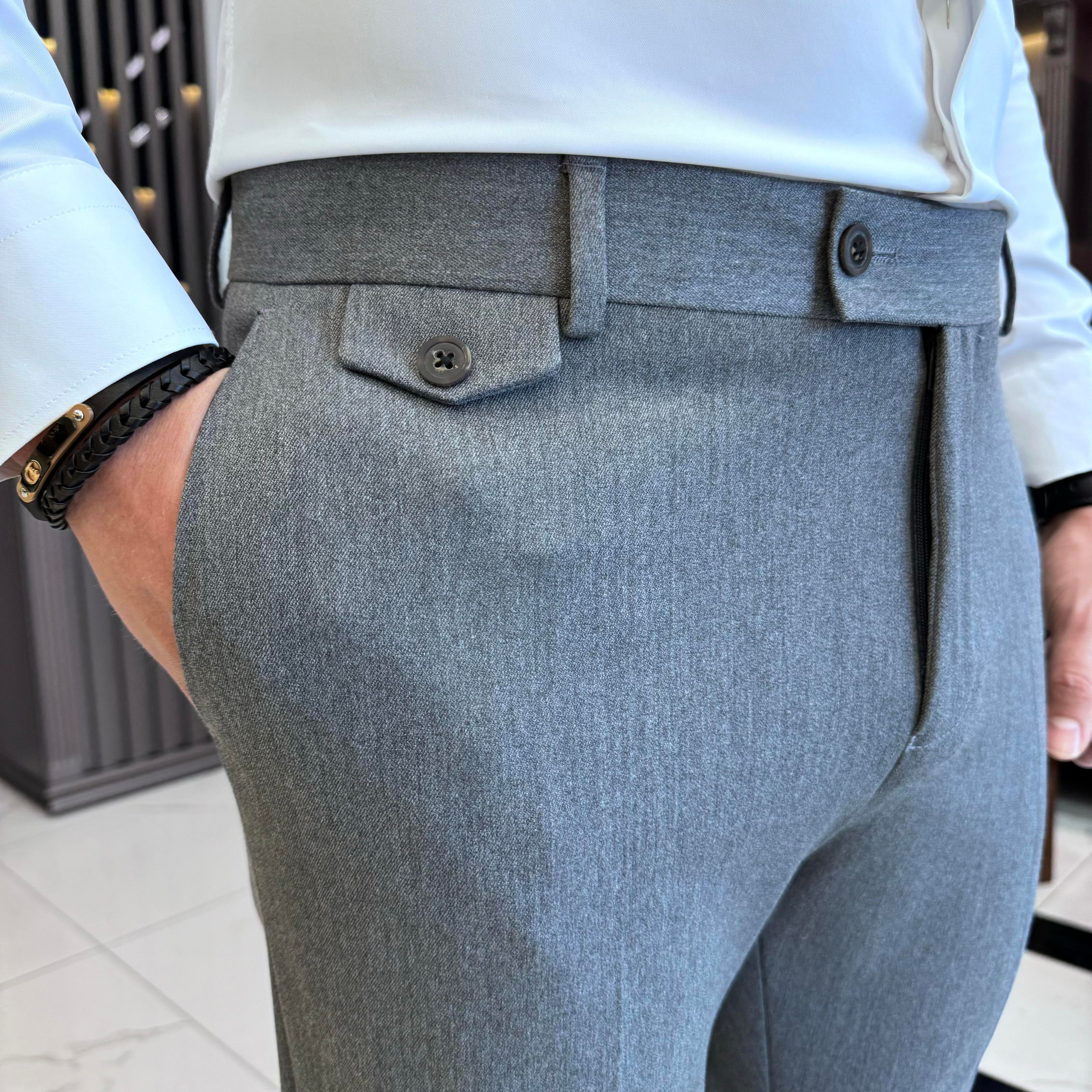 İtalyan stil slim fit kalın kumaş erkek pantolon gri T9900