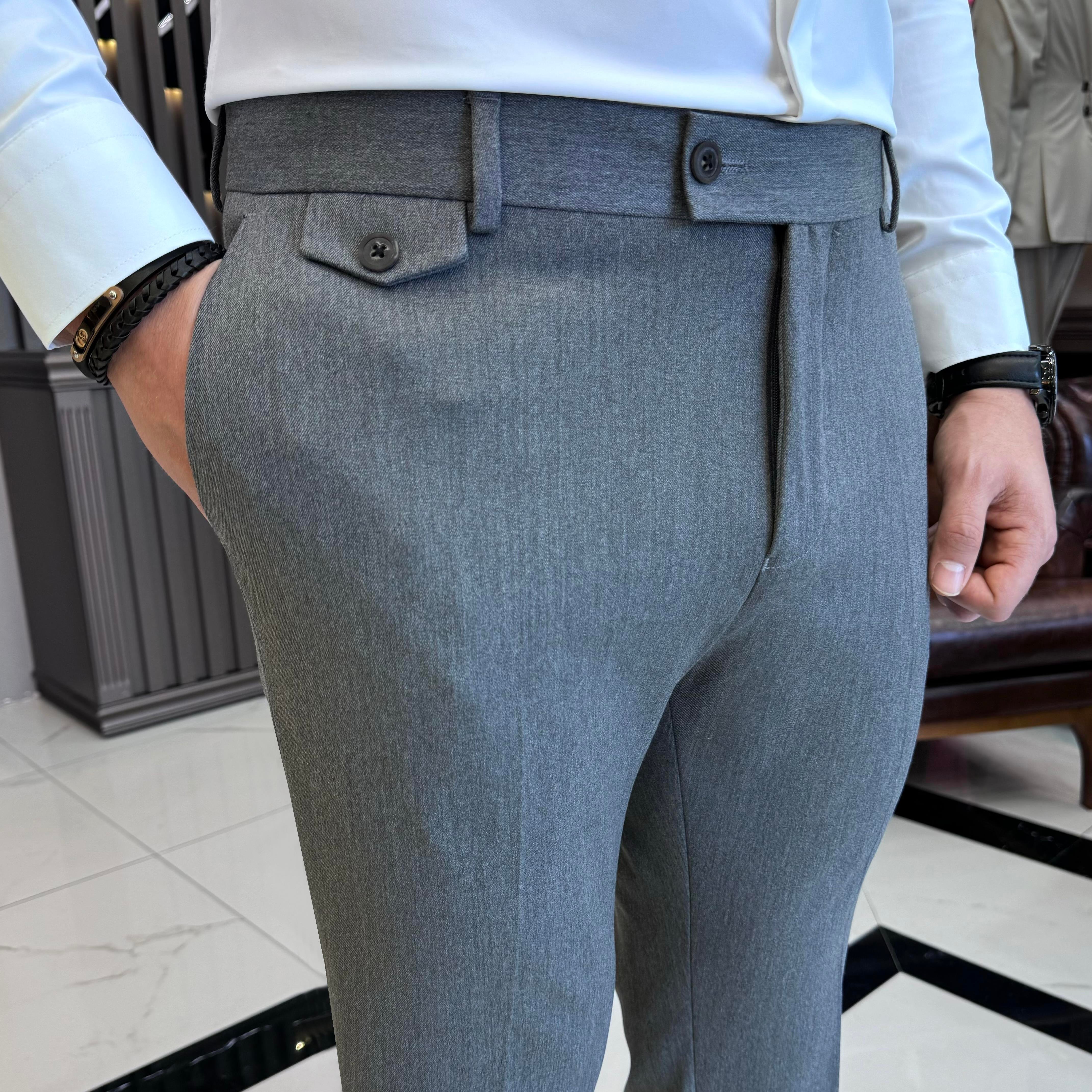 İtalyan stil slim fit kalın kumaş erkek pantolon gri T9900