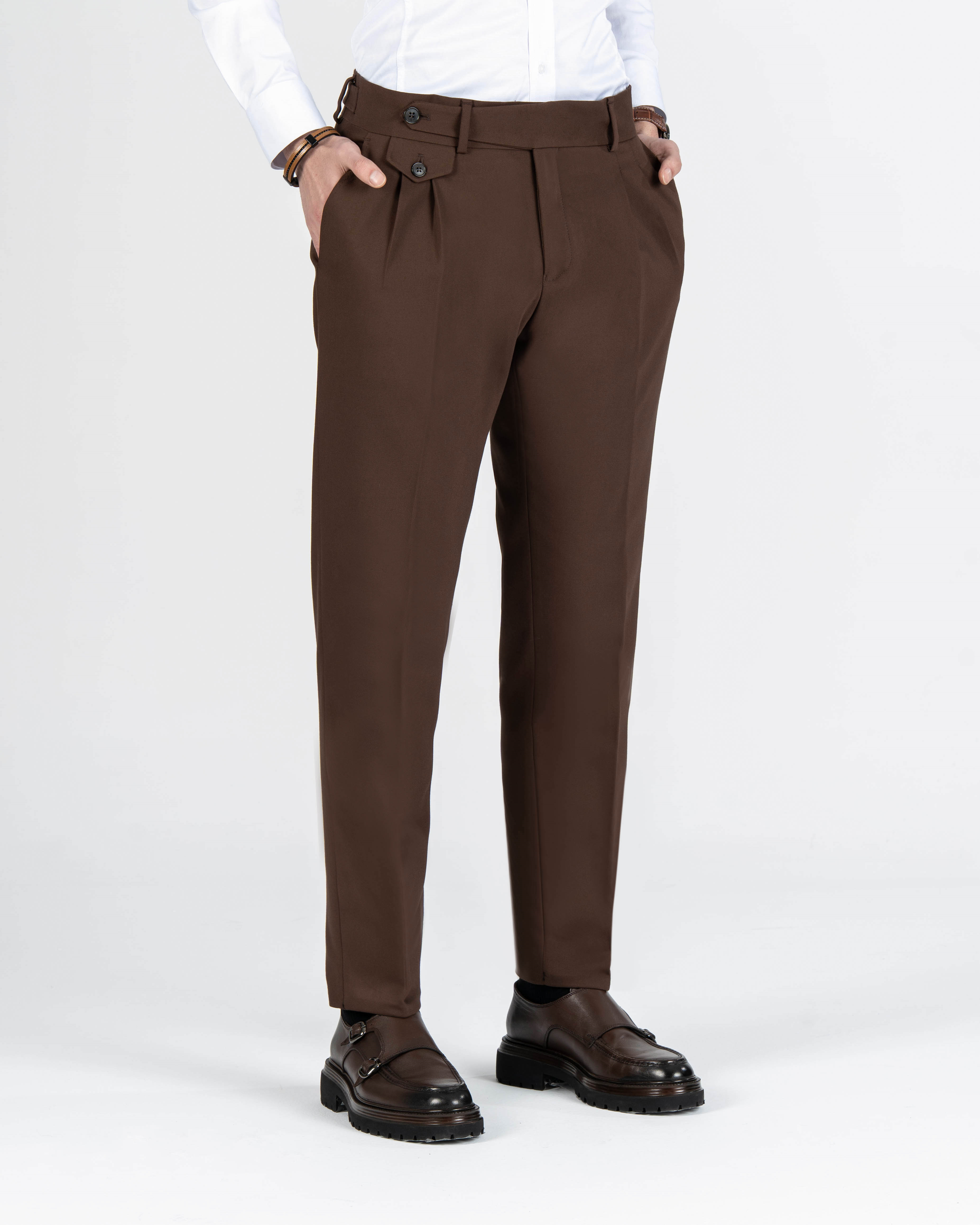 İtalyan stil slim fit kalın kumaş erkek pantolon kahverengi T9899