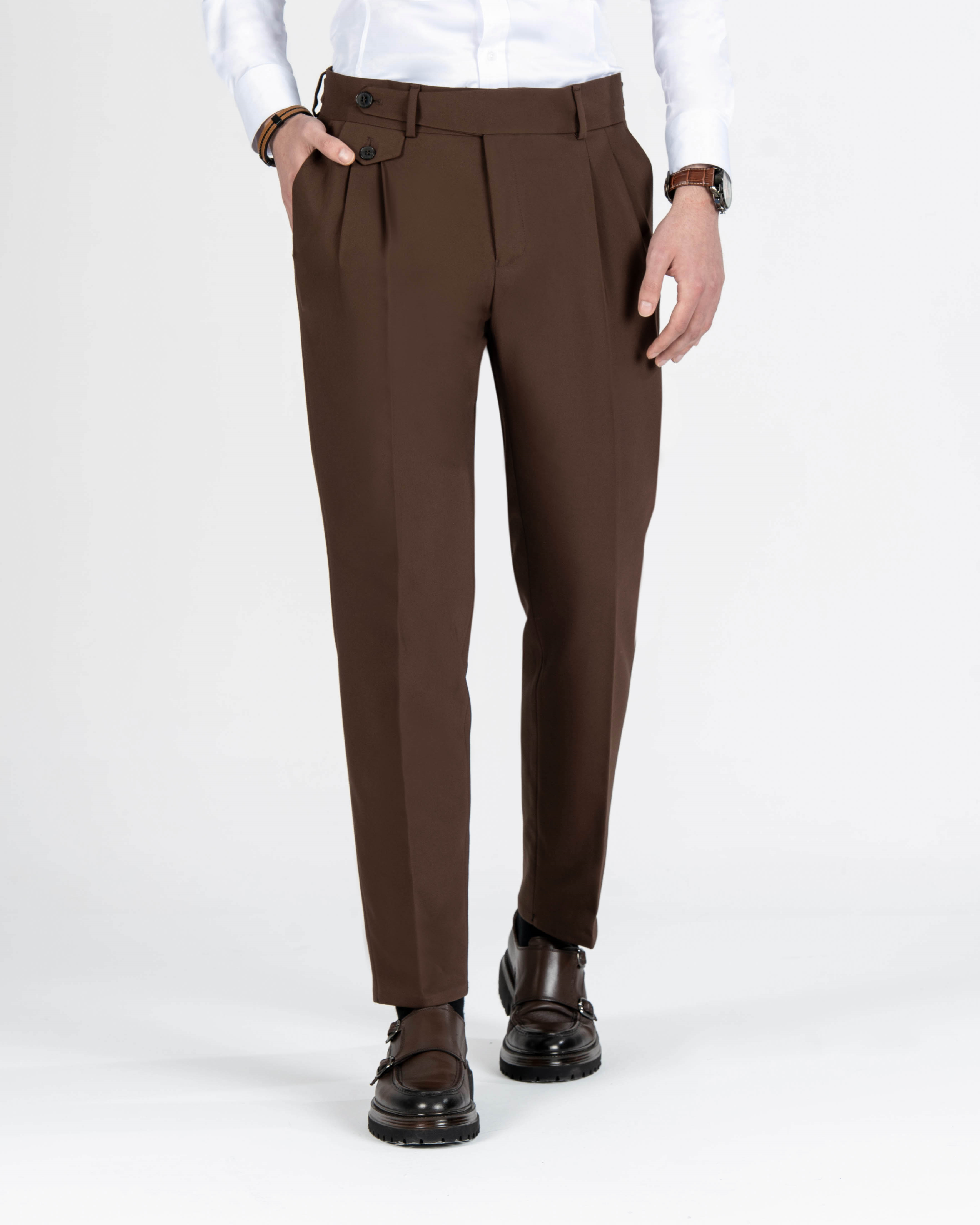 İtalyan stil slim fit kalın kumaş erkek pantolon kahverengi T9899