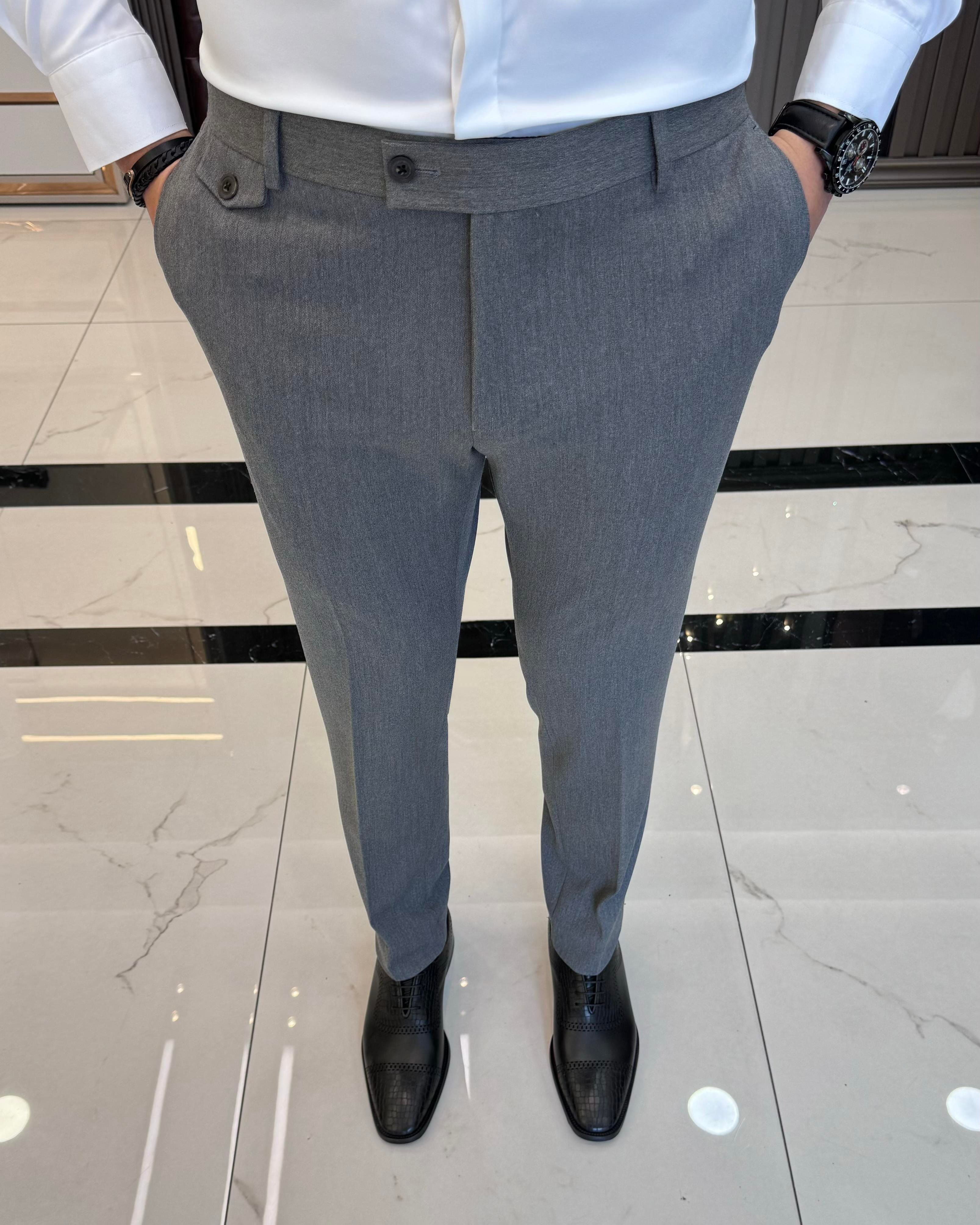 İtalyan stil slim fit kalın kumaş erkek pantolon gri T9900