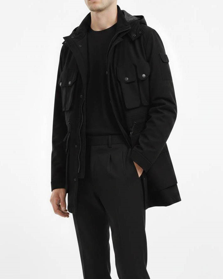 İtalyan stil slim fit kapüşonlu safari mont siyah T10245