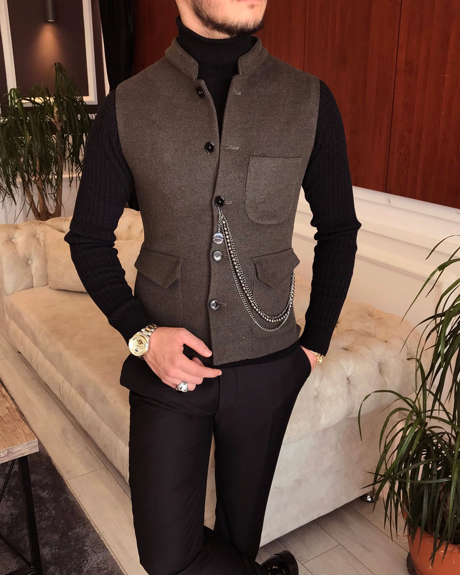 İtalyan stil slim fit kaşe hakim yaka cepken yelek Kahverengi T6576
