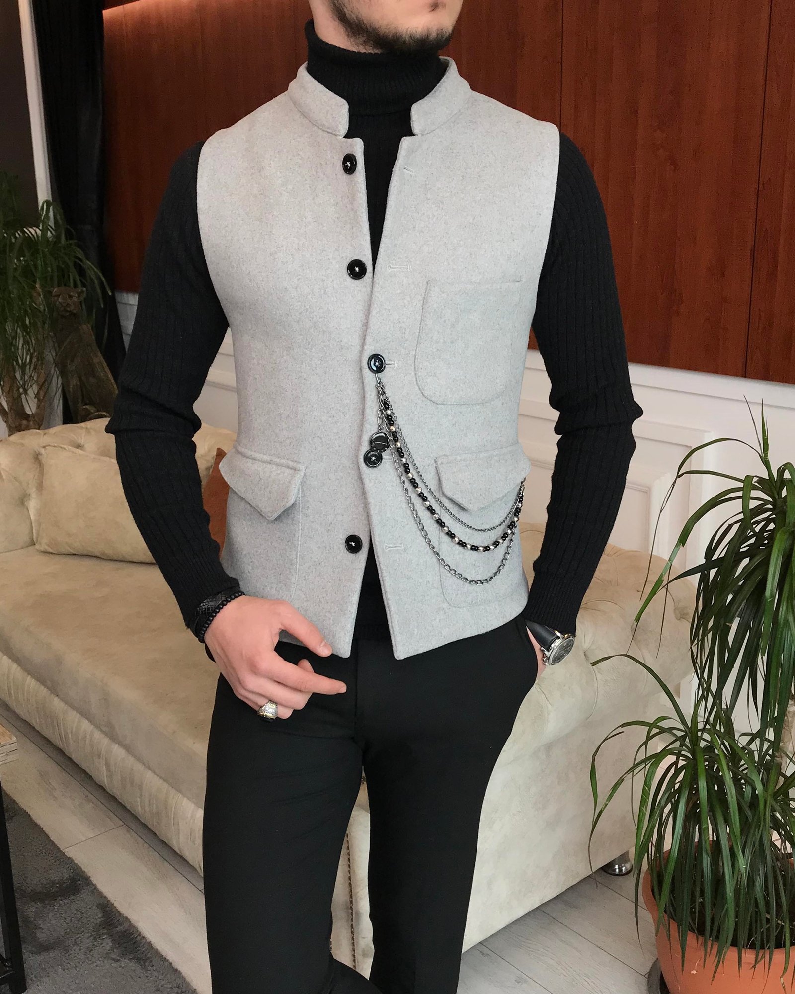 İtalyan stil slim fit kaşe hakim yaka cepken yelek Gri T6573