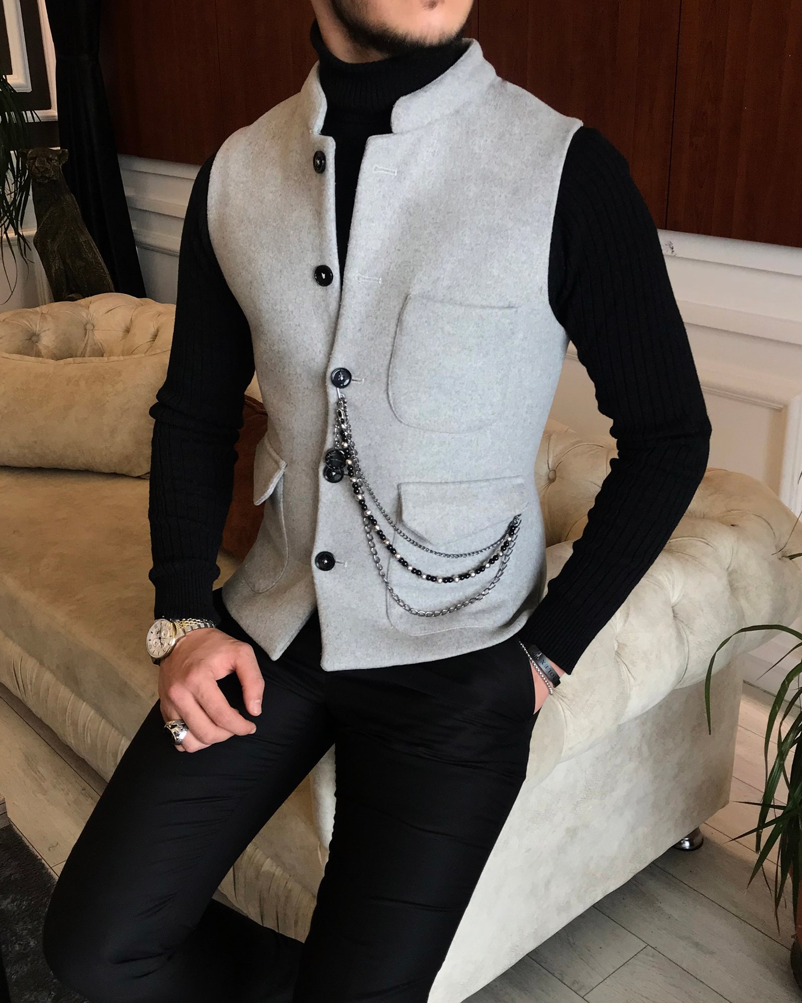 İtalyan stil slim fit kaşe hakim yaka cepken yelek Gri T6573