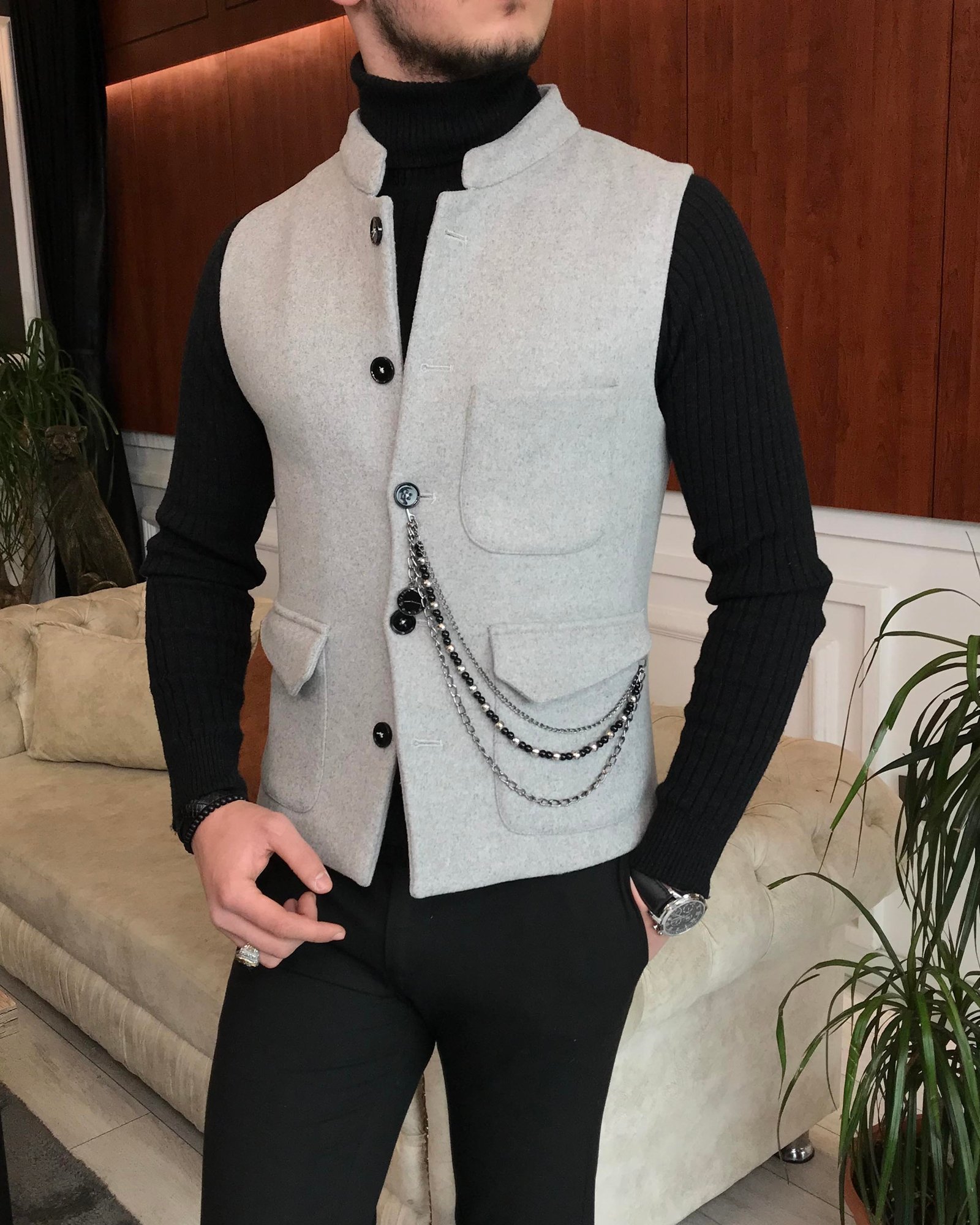 İtalyan stil slim fit kaşe hakim yaka cepken yelek Gri T6573