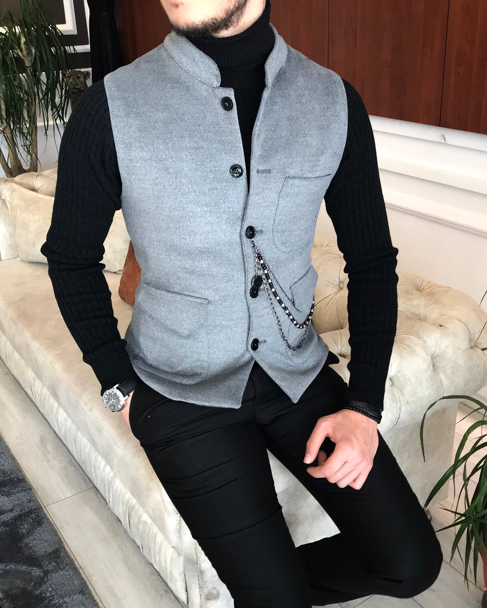 İtalyan stil slim fit kaşe hakim yaka cepken yelek Gri T6577