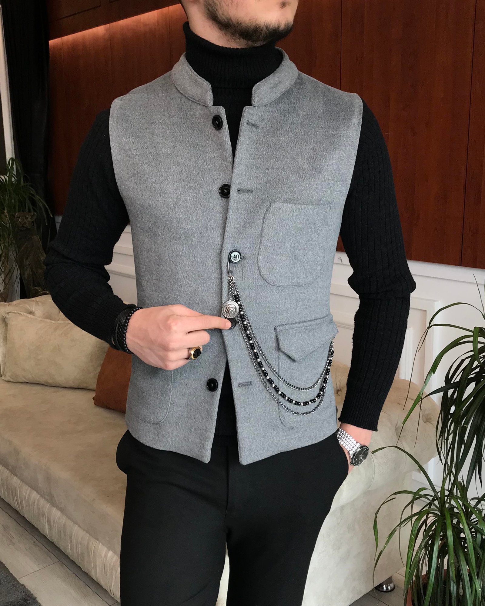 İtalyan stil slim fit kaşe hakim yaka cepken yelek Gri T6577