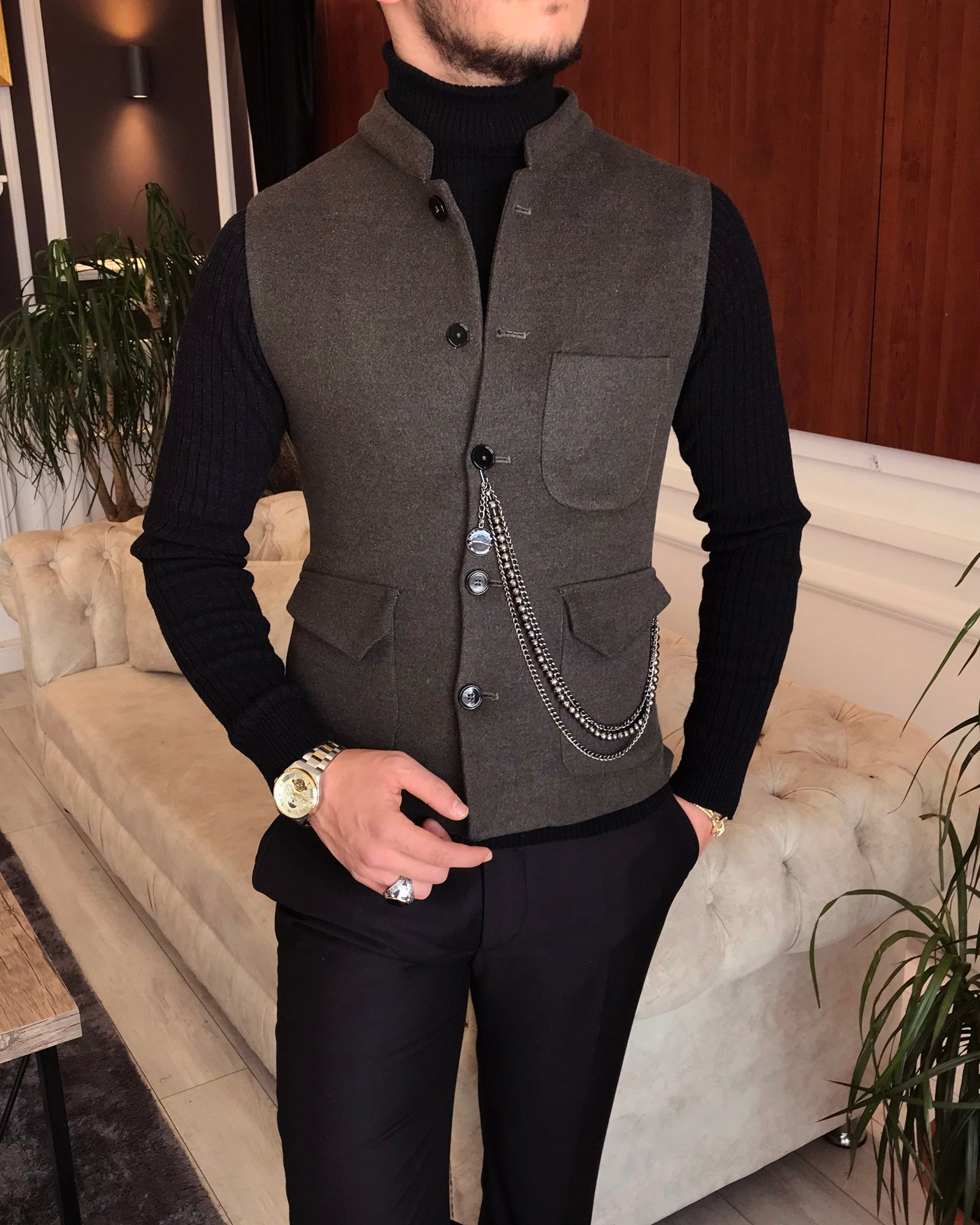 İtalyan stil slim fit kaşe hakim yaka cepken yelek Kahverengi T6576