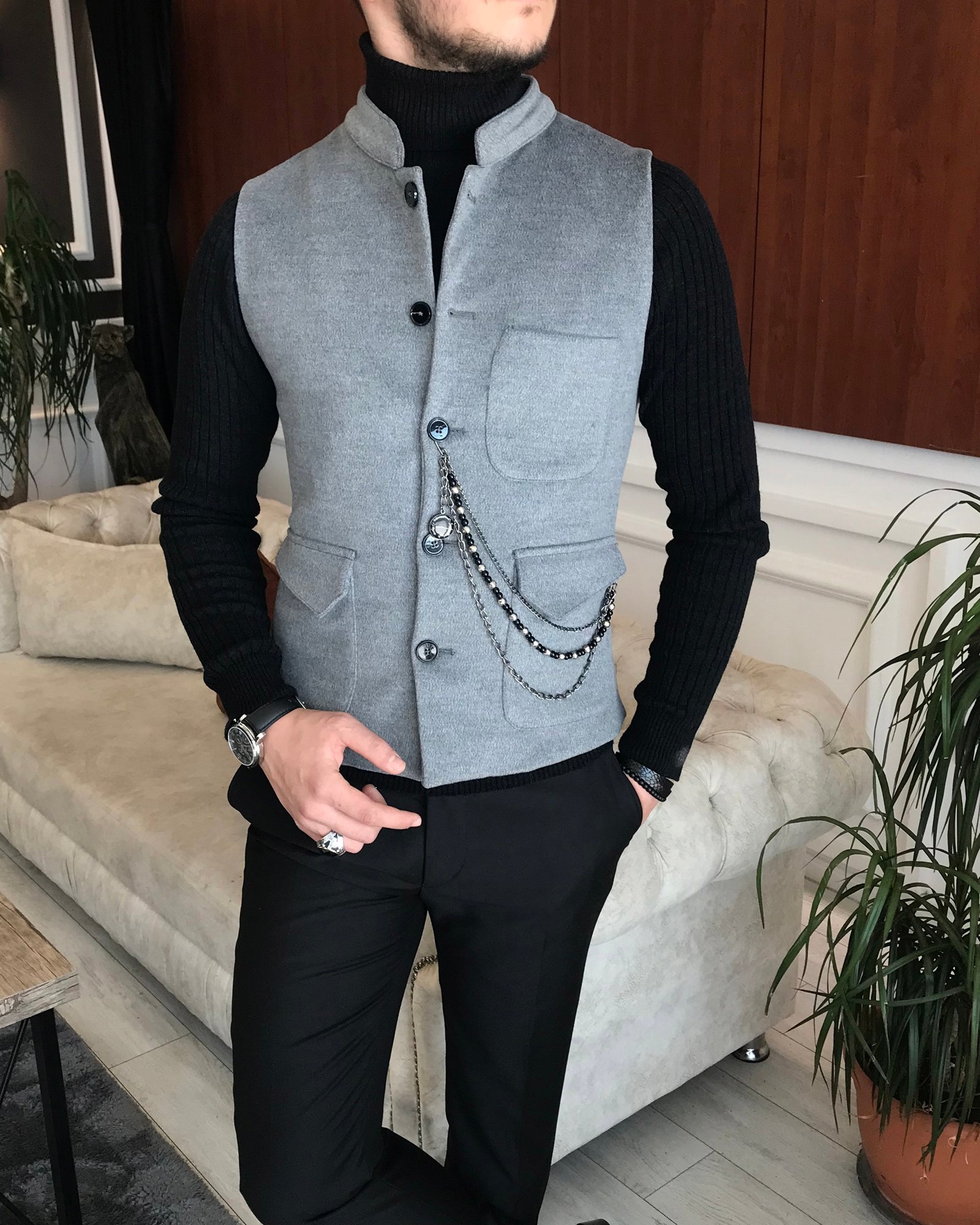 İtalyan stil slim fit kaşe hakim yaka cepken yelek Gri T6577