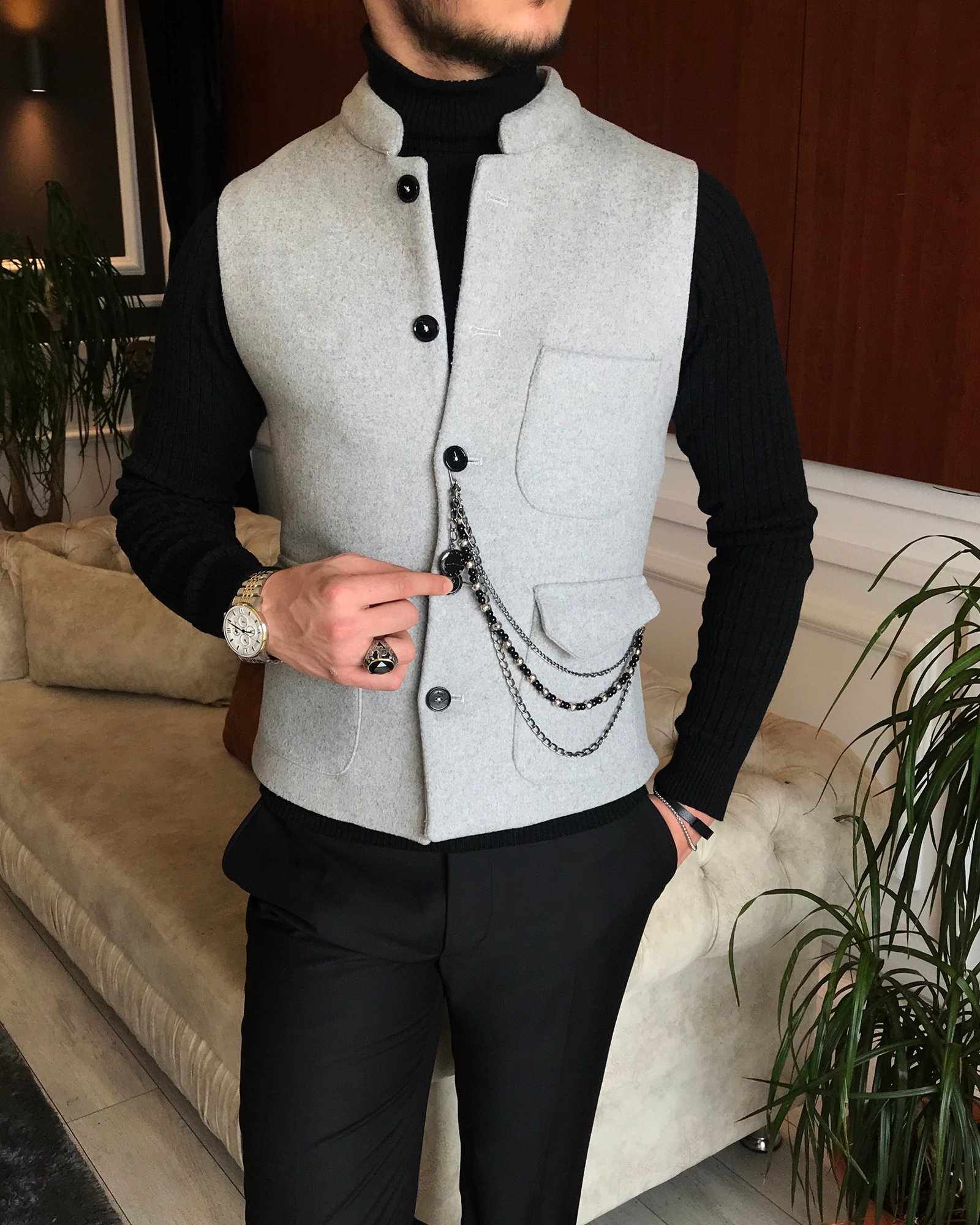 İtalyan stil slim fit kaşe hakim yaka cepken yelek Gri T6573