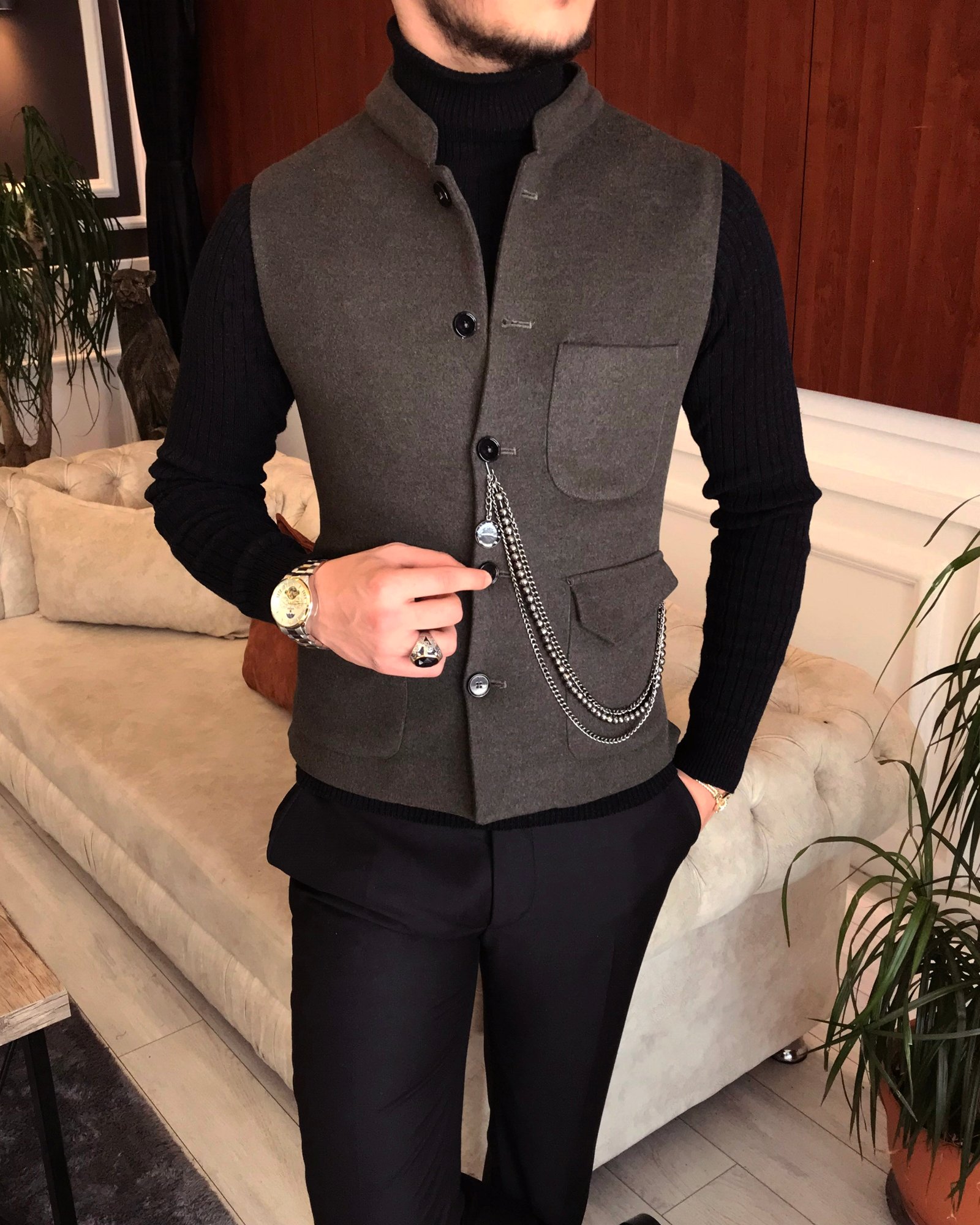 İtalyan stil slim fit kaşe hakim yaka cepken yelek Kahverengi T6576