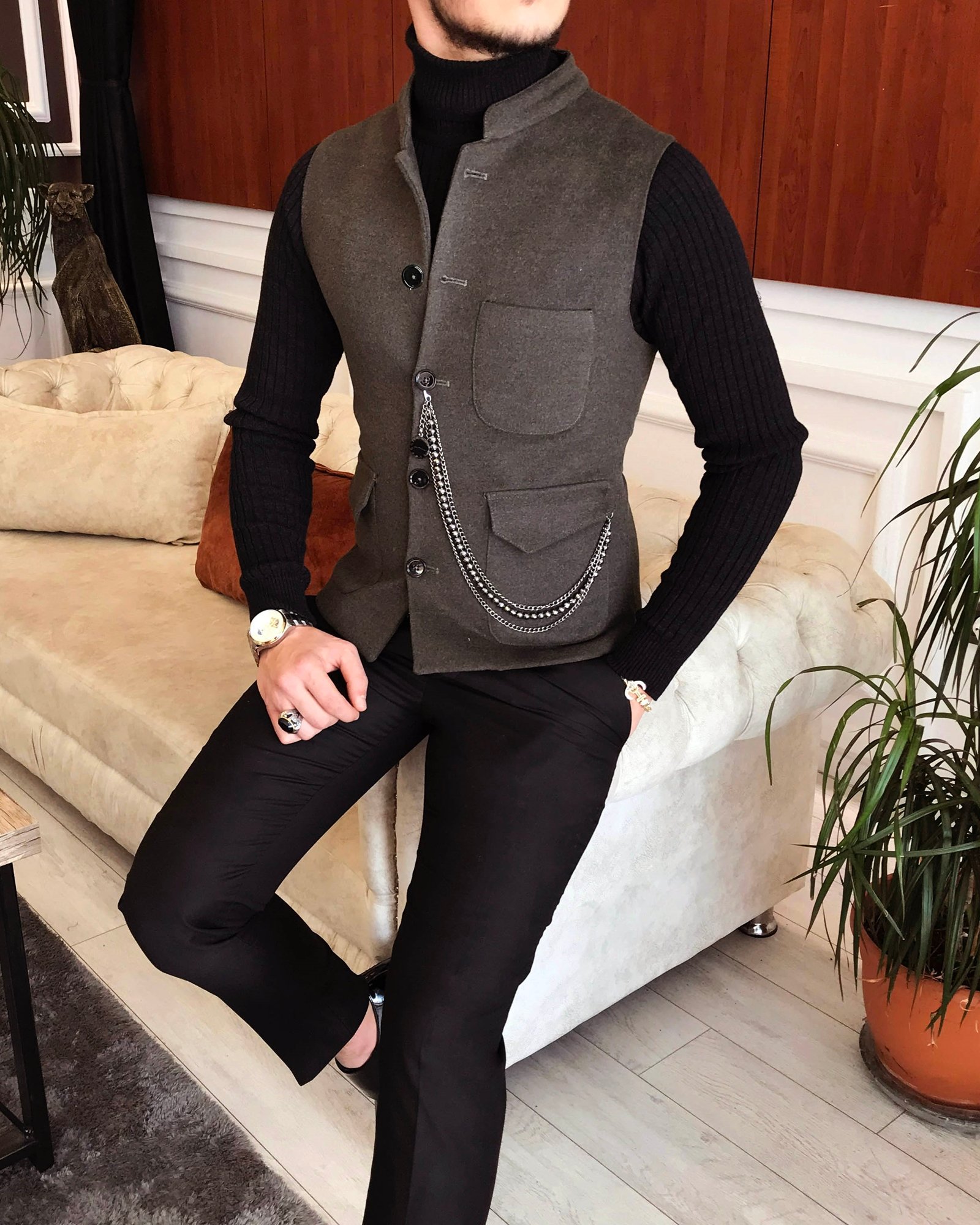 İtalyan stil slim fit kaşe hakim yaka cepken yelek Kahverengi T6576