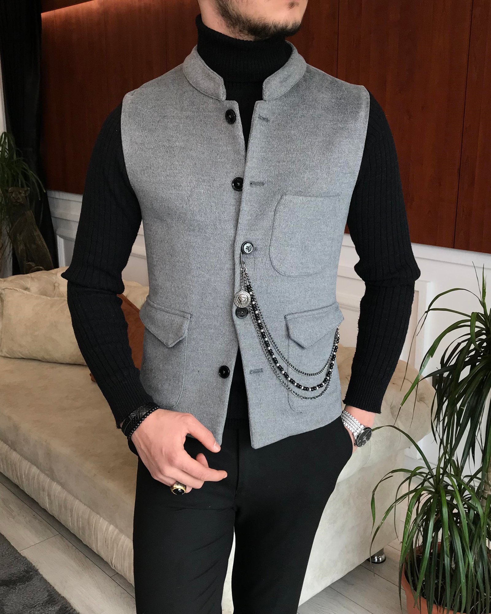 İtalyan stil slim fit kaşe hakim yaka cepken yelek Gri T6577