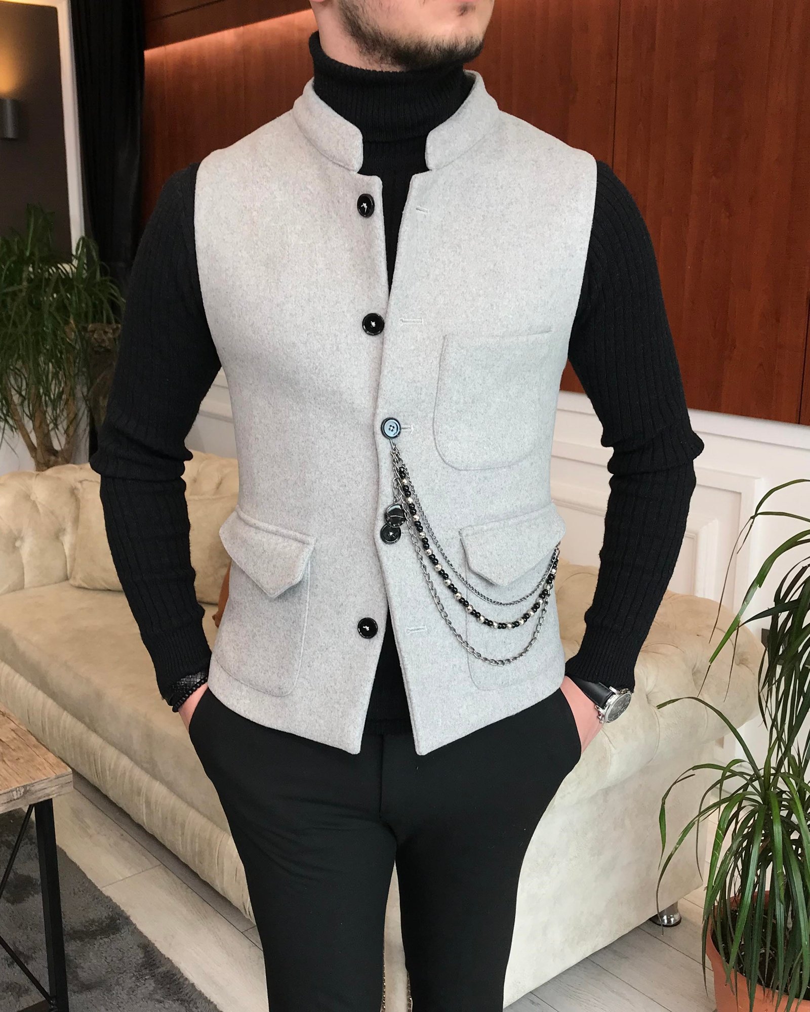 İtalyan stil slim fit kaşe hakim yaka cepken yelek Gri T6573