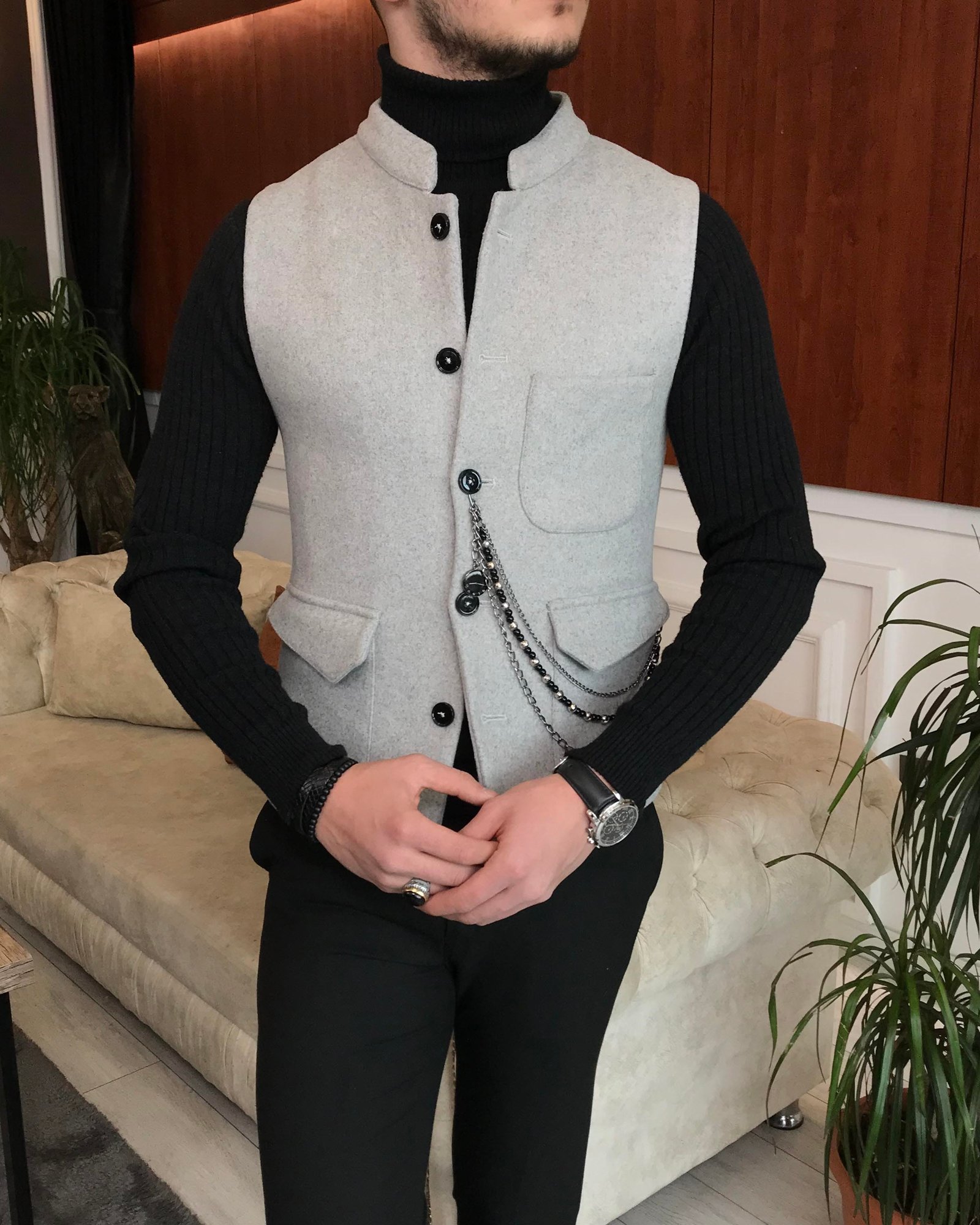 İtalyan stil slim fit kaşe hakim yaka cepken yelek Gri T6573