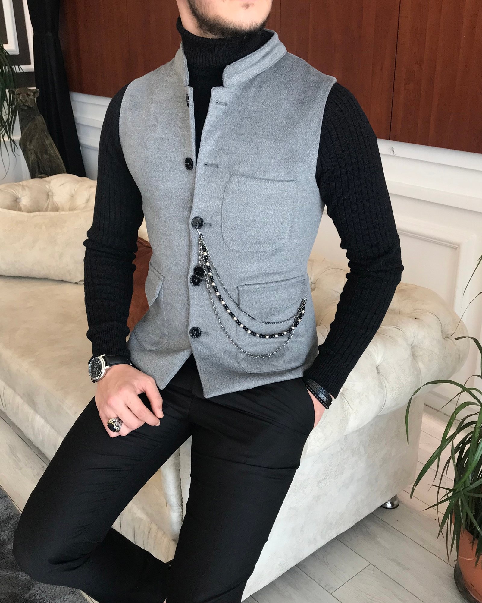 İtalyan stil slim fit kaşe hakim yaka cepken yelek Gri T6577