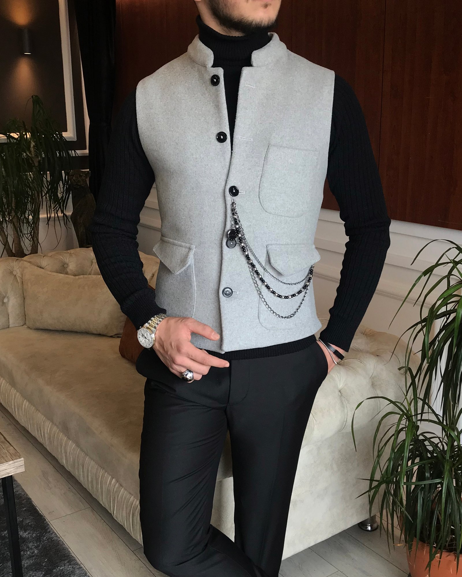 İtalyan stil slim fit kaşe hakim yaka cepken yelek Gri T6573