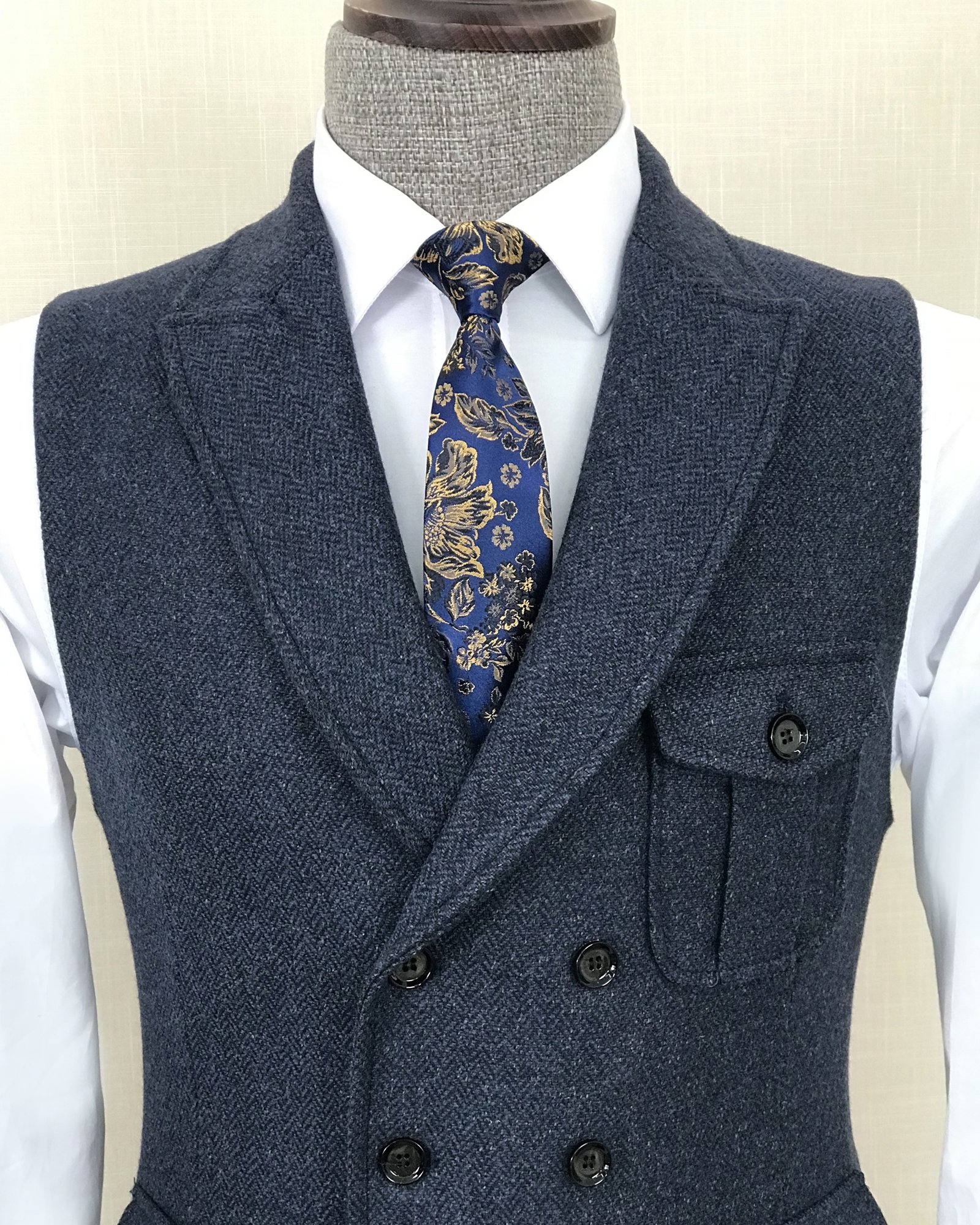 İtalyan stil slim fit kaşe kruvaze cepken yelek Lacivert T8369