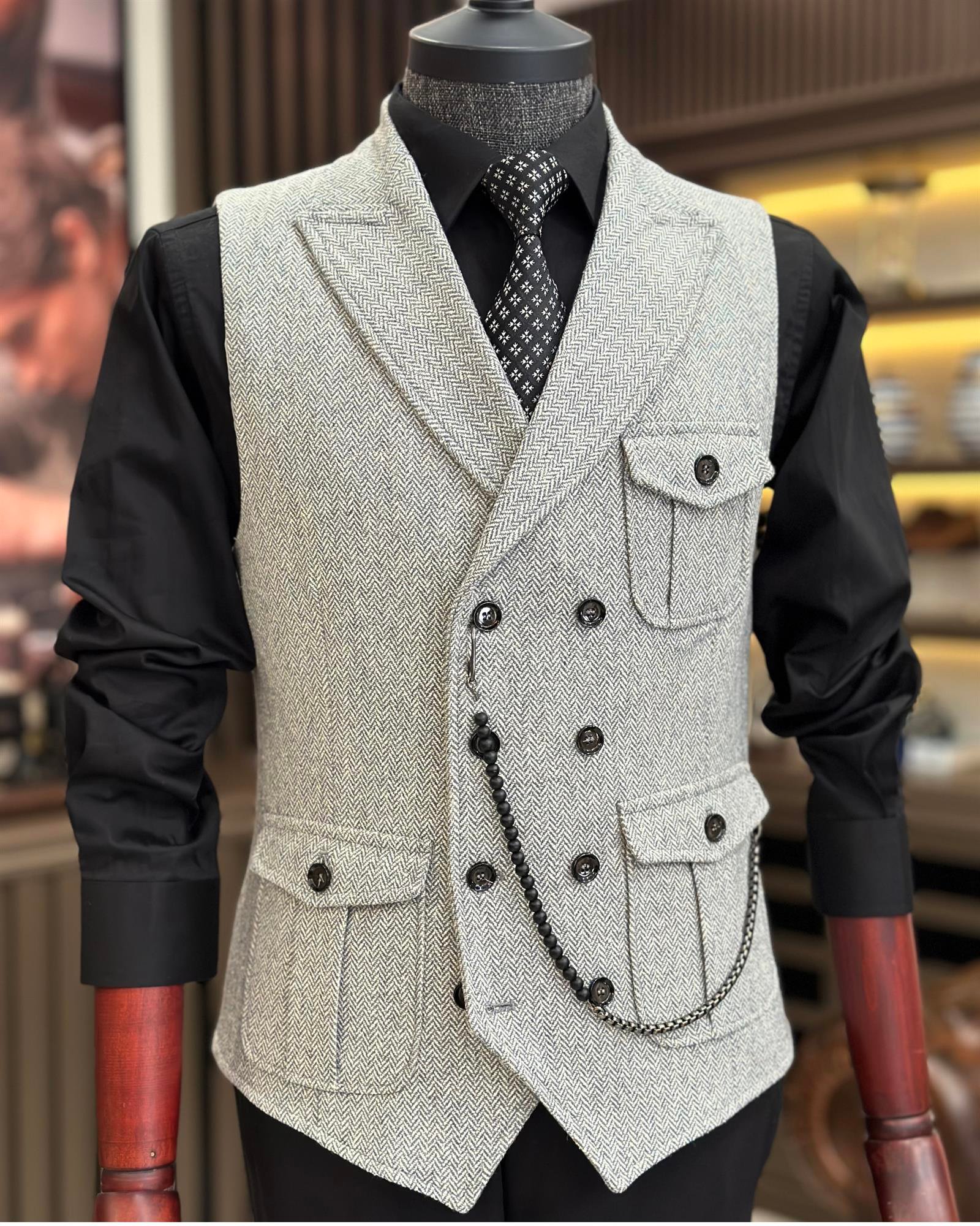 İtalyan stil slim fit kaşe kruvaze cepken yelek Gri T8370