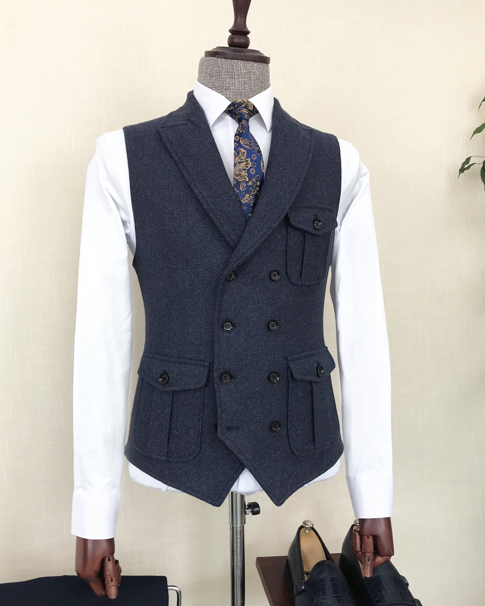 İtalyan stil slim fit kaşe kruvaze cepken yelek Lacivert T8369