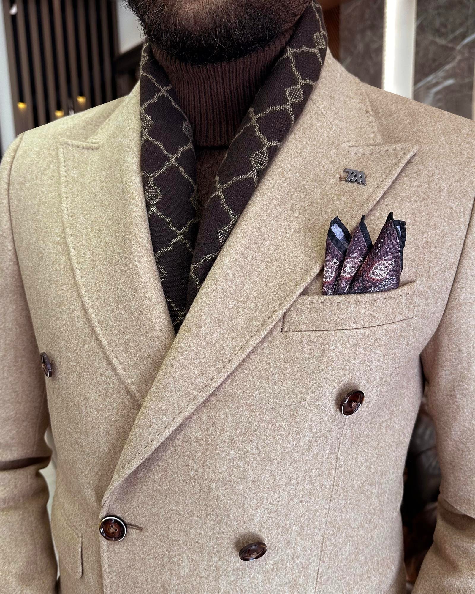 İtalyan stil slim fit kaşe kruvaze erkek ceket bej T10287