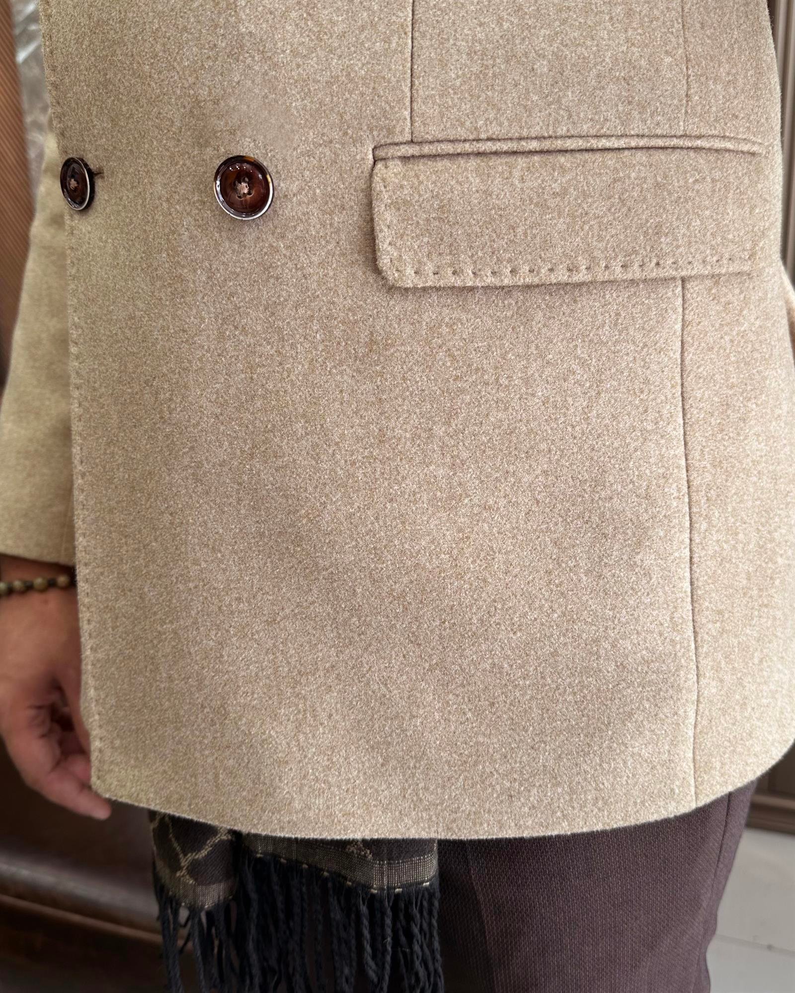 İtalyan stil slim fit kaşe kruvaze erkek ceket bej T10287