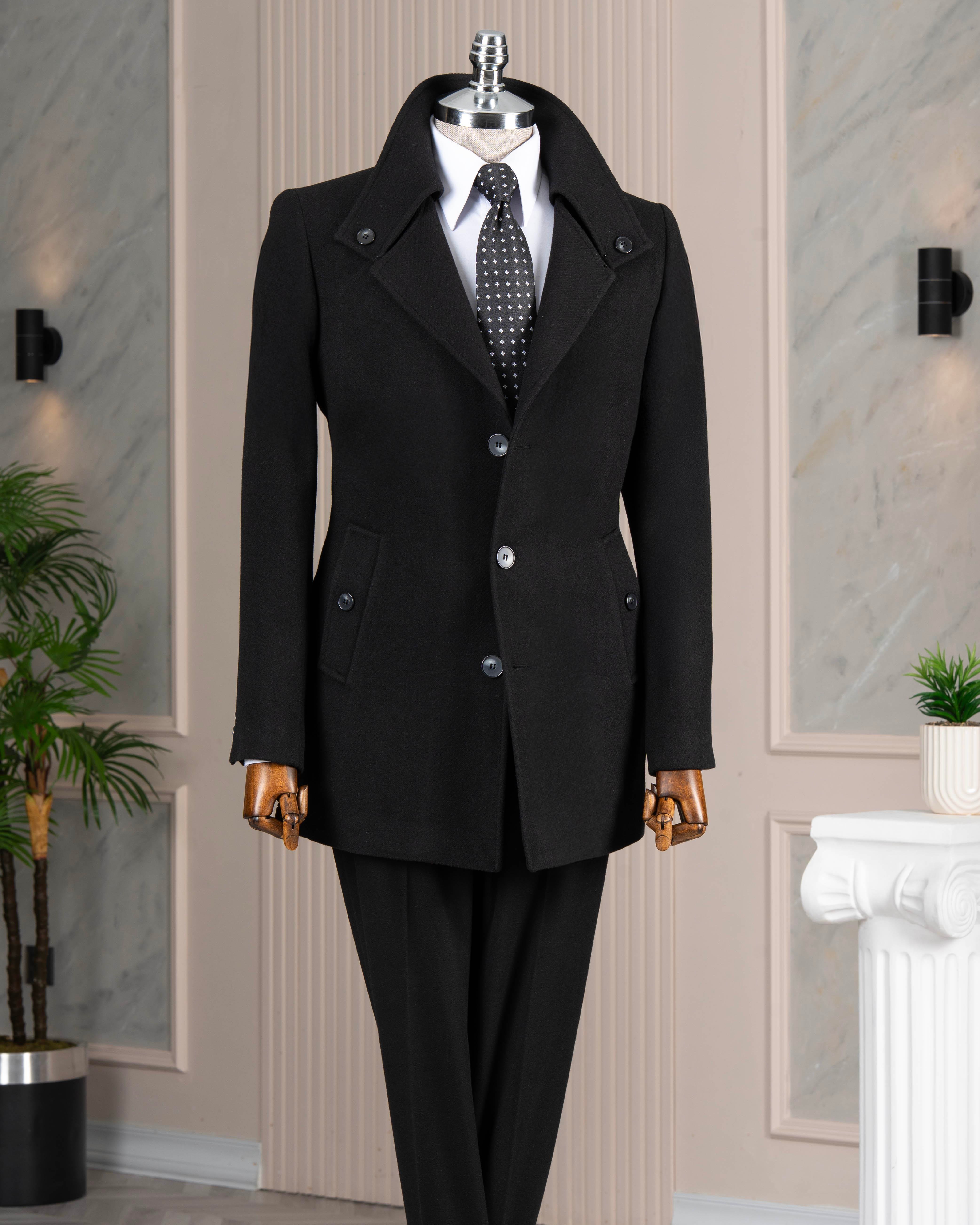 İtalyan stil slim fit kaşe yan cep erkek kaban siyah T15053