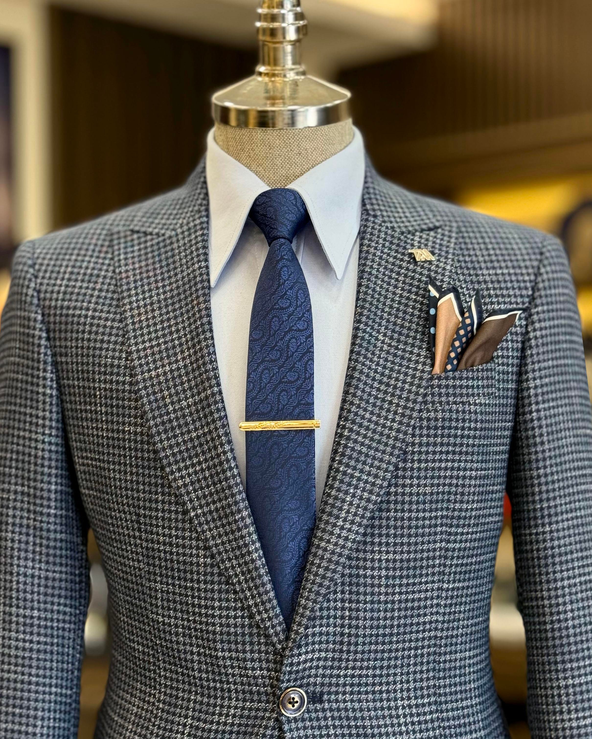 İtalyan stil slim fit kazayağı desen erkek ceket lacivert  T12541