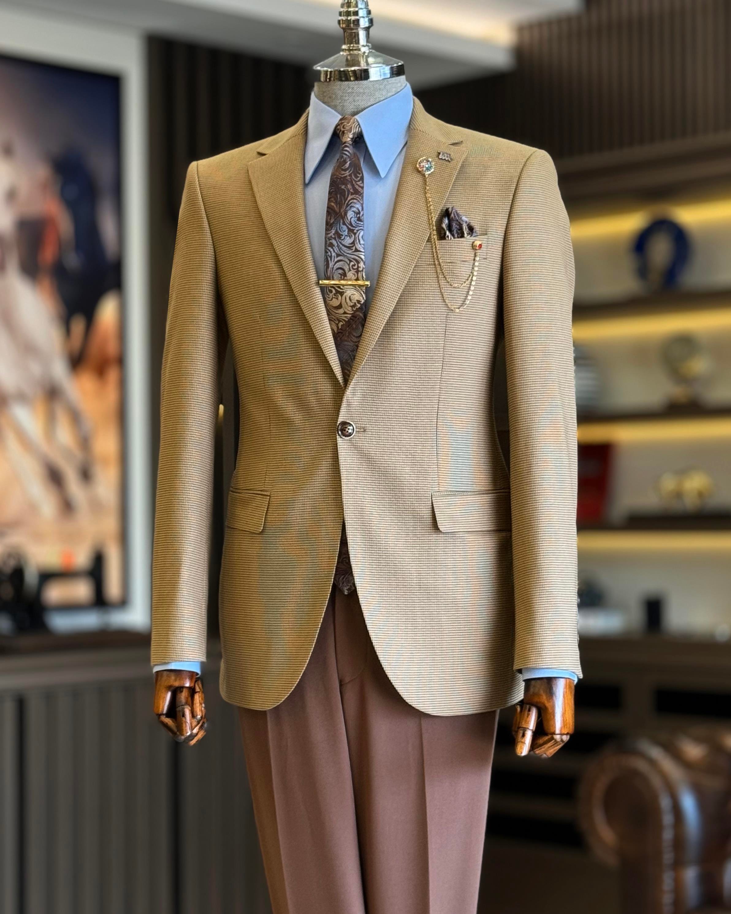 İtalyan stil slim fit kazayağı desen erkek ceket kahverengi T12626