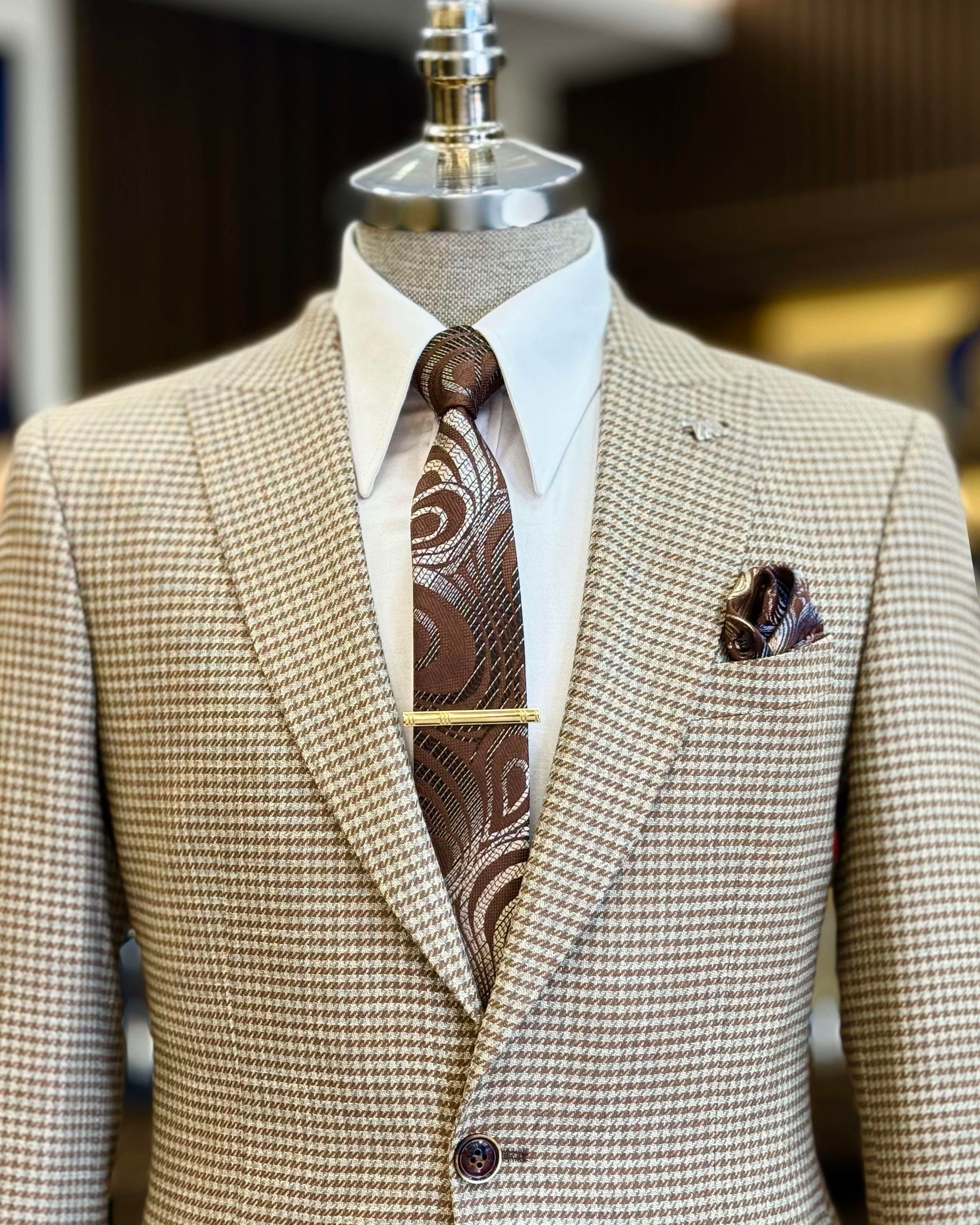 İtalyan stil slim fit kazayağı desen erkek ceket kahverengi T12545