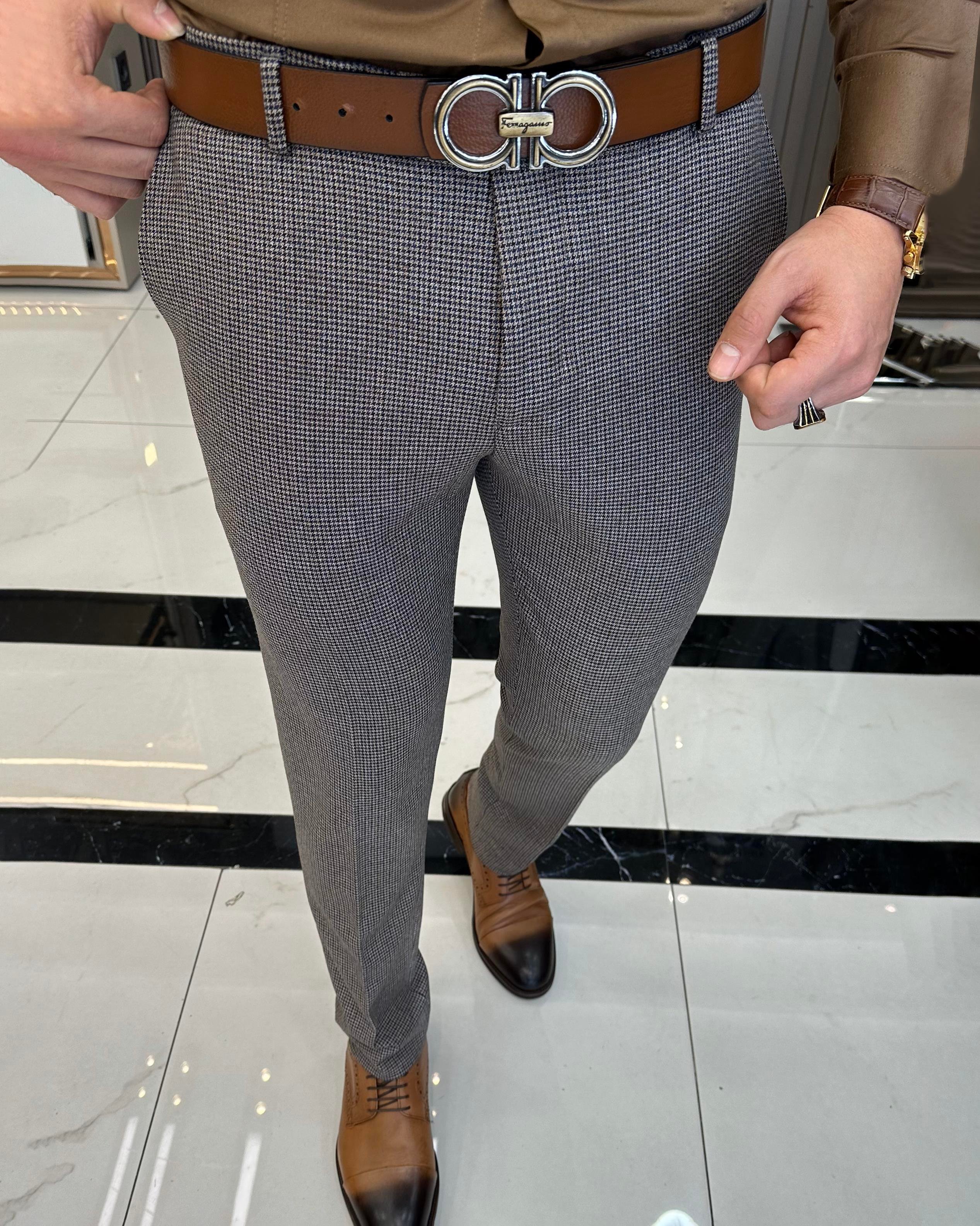 Italian style slim fit houndstooth pattern men's trousers brown T10172