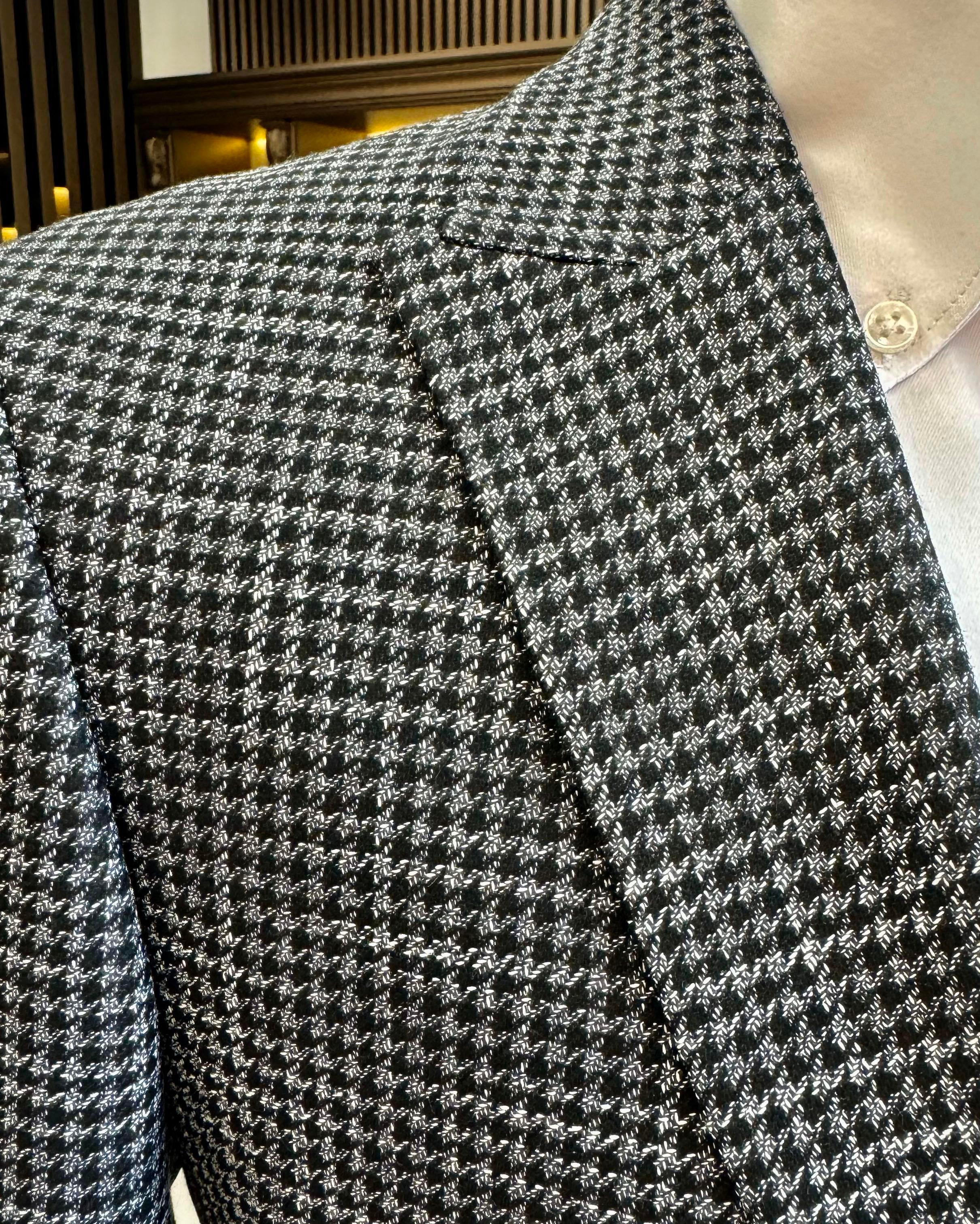 İtalyan stil slim fit kazayağı desen erkek ceket siyah T12540