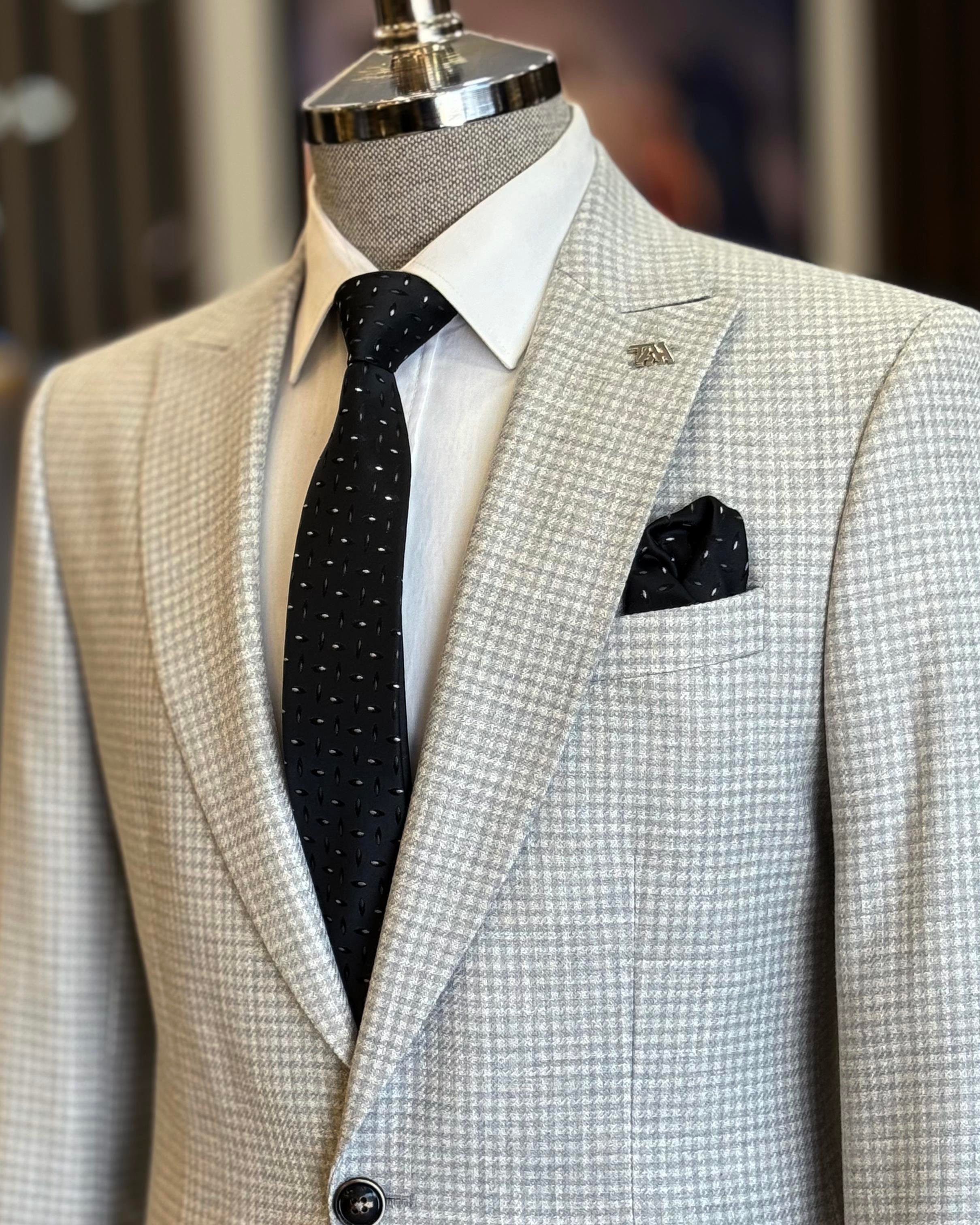 İtalyan stil slim fit kazayağı desen erkek ceket gri  T12544