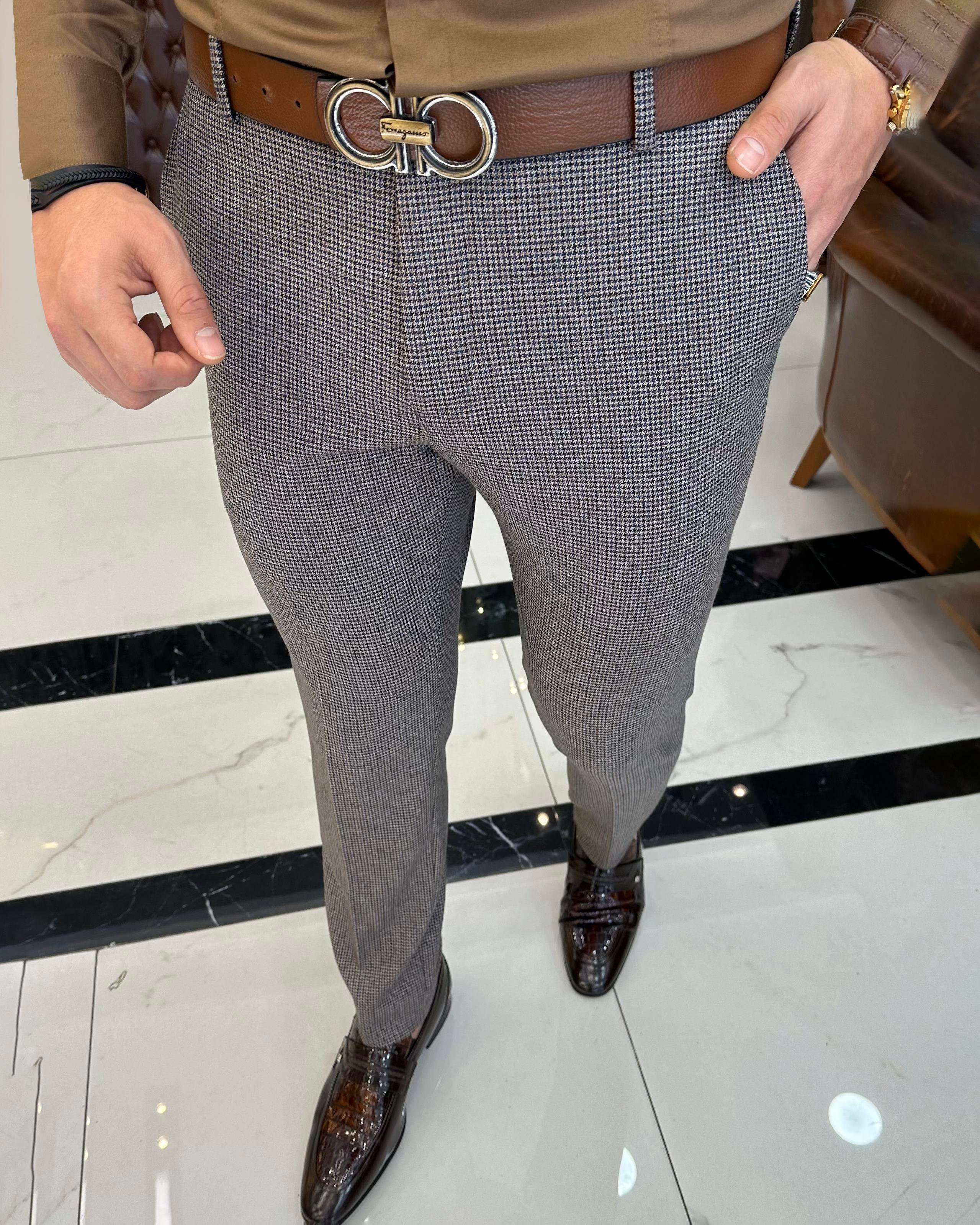 Italian style slim fit houndstooth pattern men's trousers brown T10172