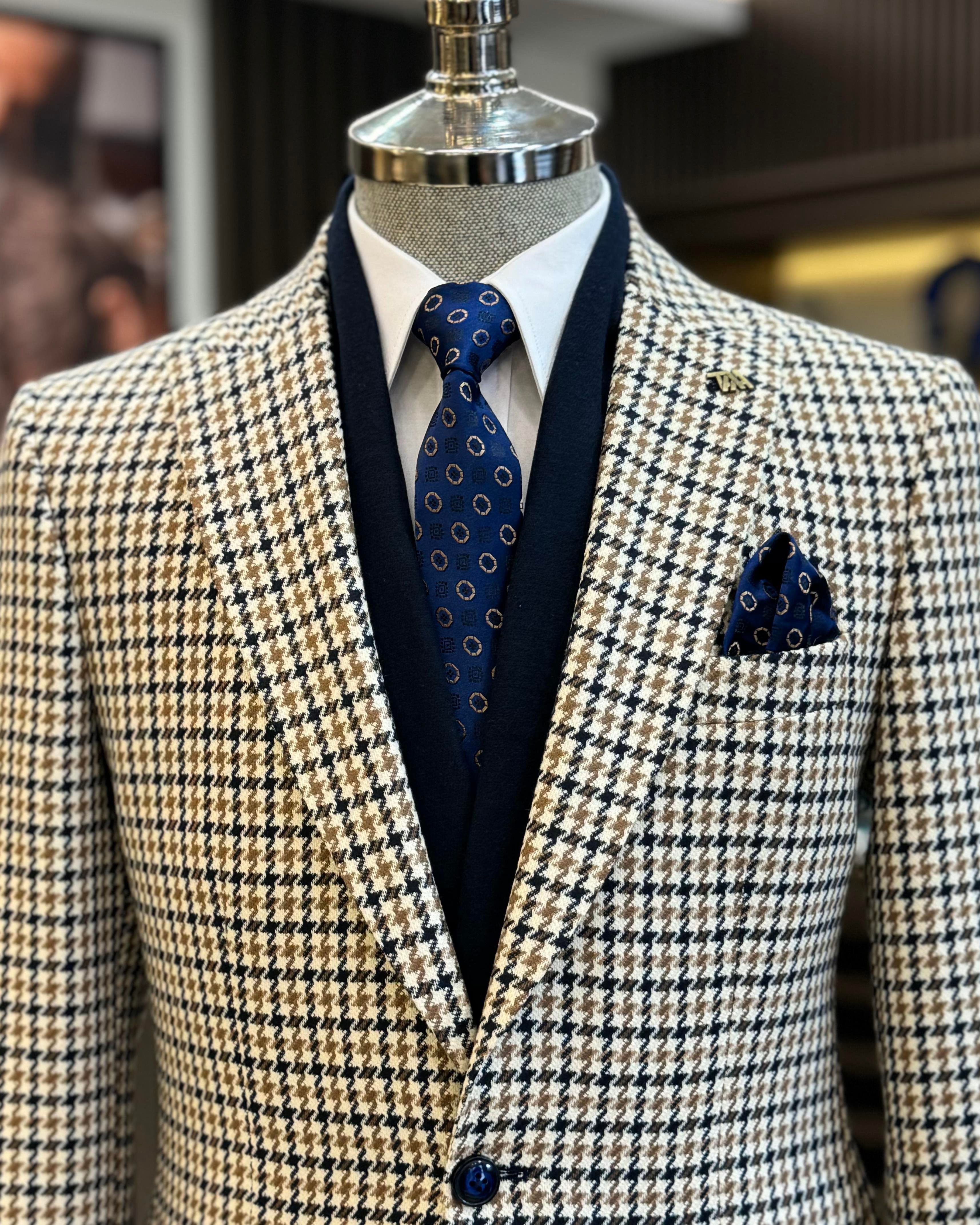 İtalyan stil slim fit kazayağı desen erkek ceket lacivert T13046