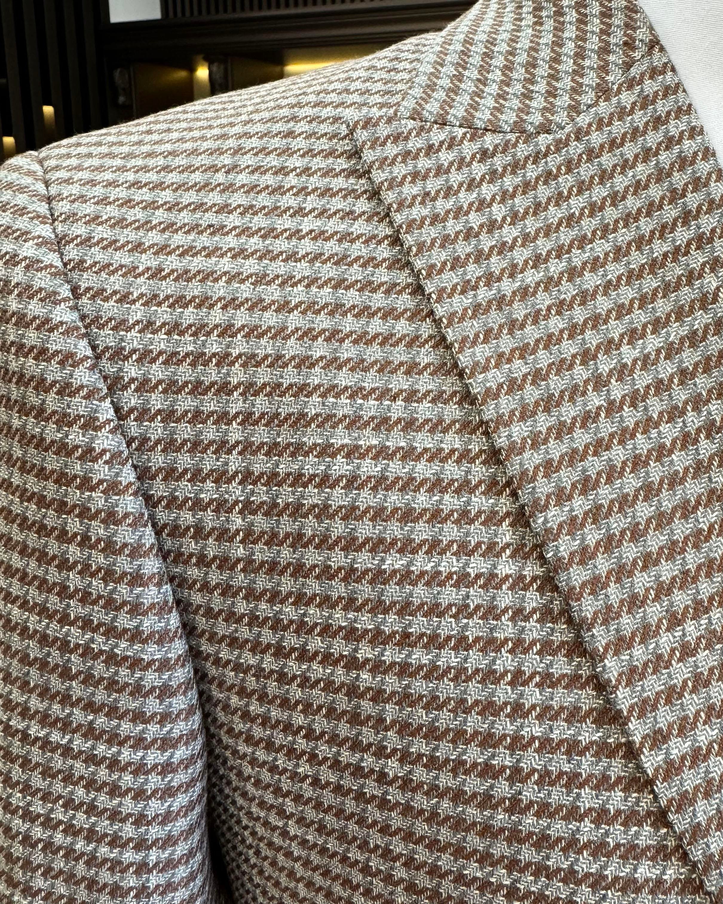 İtalyan stil slim fit kazayağı desen erkek ceket kahverengi T12545